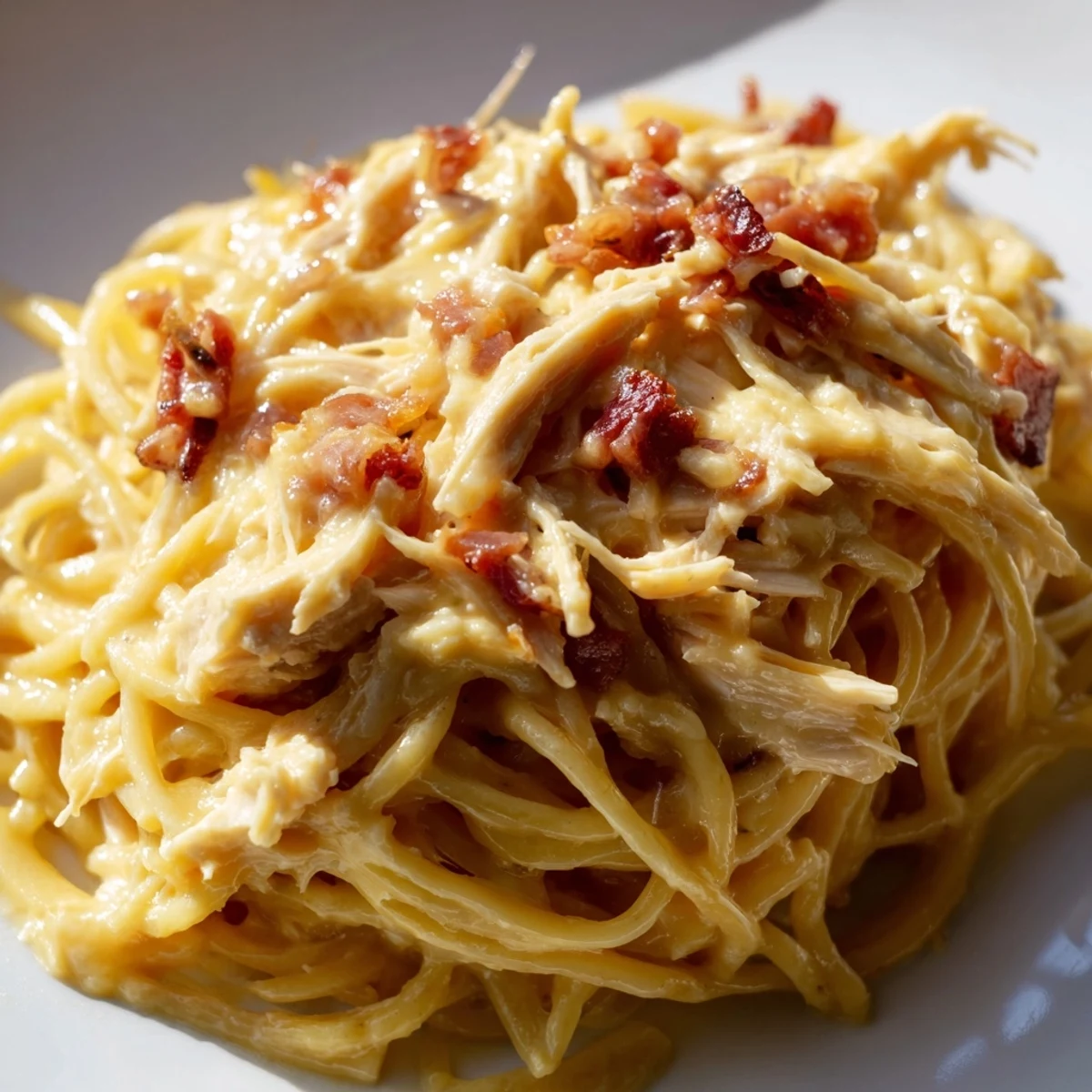 Creamy chicken carbonara features tender shredded chicken, crispy bacon, and glossy Parmesan sauce clinging to perfectly cooked spaghetti.