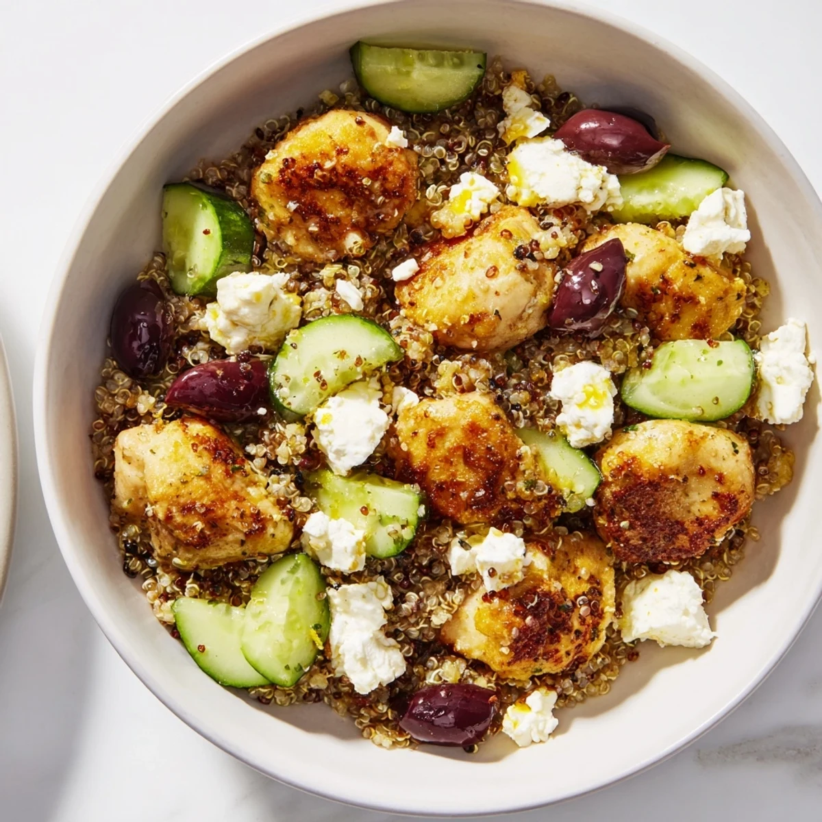 Savory Mediterranean Chicken Bowl with spiced chicken pieces, vibrant cherry tomatoes, crisp cucumbers, chickpeas, and crumbled feta over a bed of fluffy quinoa.