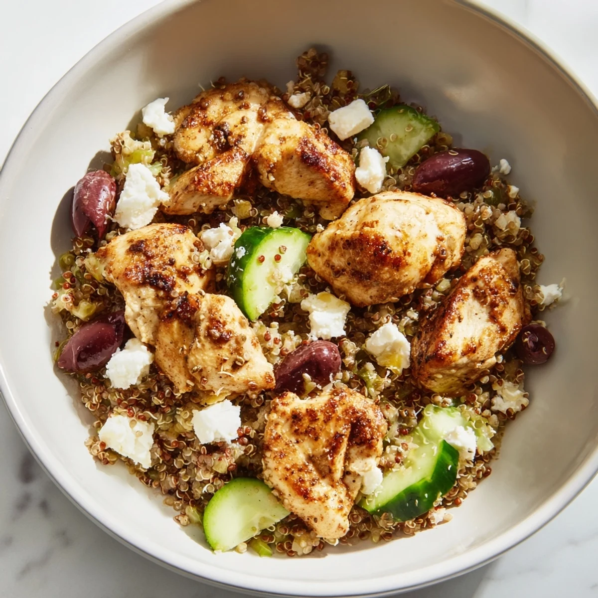 Appetizing Mediterranean Chicken Bowl ready to serve, garnished with fresh parsley, Kalamata olives, and a drizzle of tangy lemon-oregano dressing over colorful ingredients.