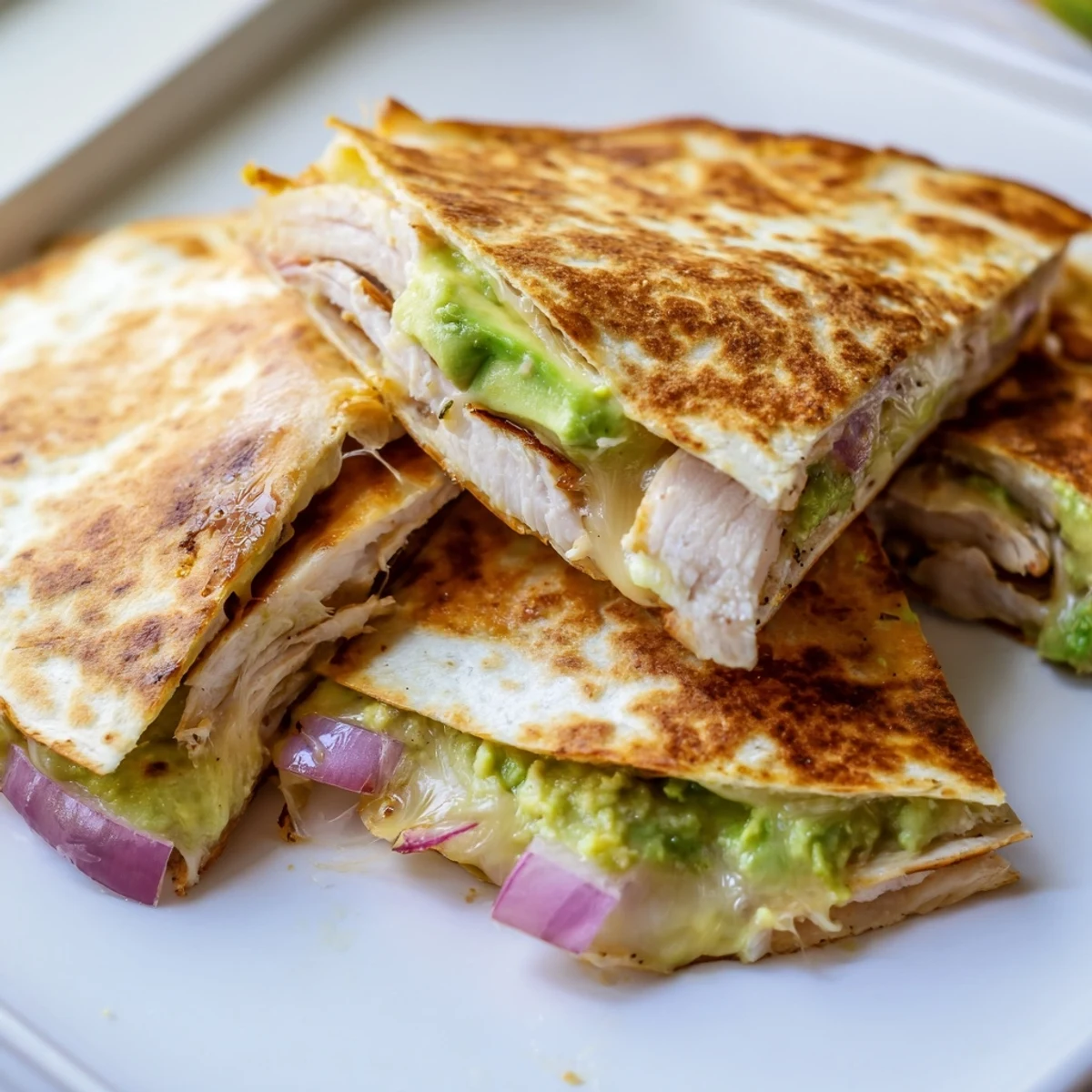 Close-up of crispy tortilla and melted cheese in a Chicken Avocado Quesadilla on a rustic wooden table.