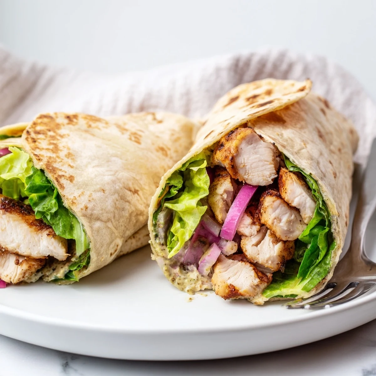 Freshly rolled Honey Mustard Chicken Wrap cut in half, revealing layers of juicy chicken, shredded lettuce, and tangy homemade dressing.