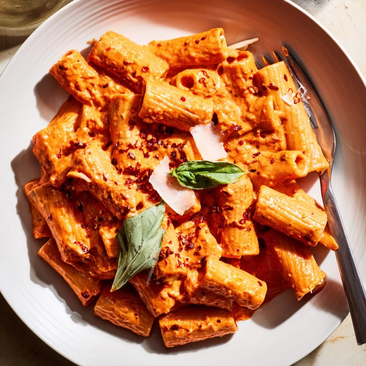 A fork lifts a bite of spicy rigatoni pasta from the skillet, showcasing the al dente noodles coated in sauce.