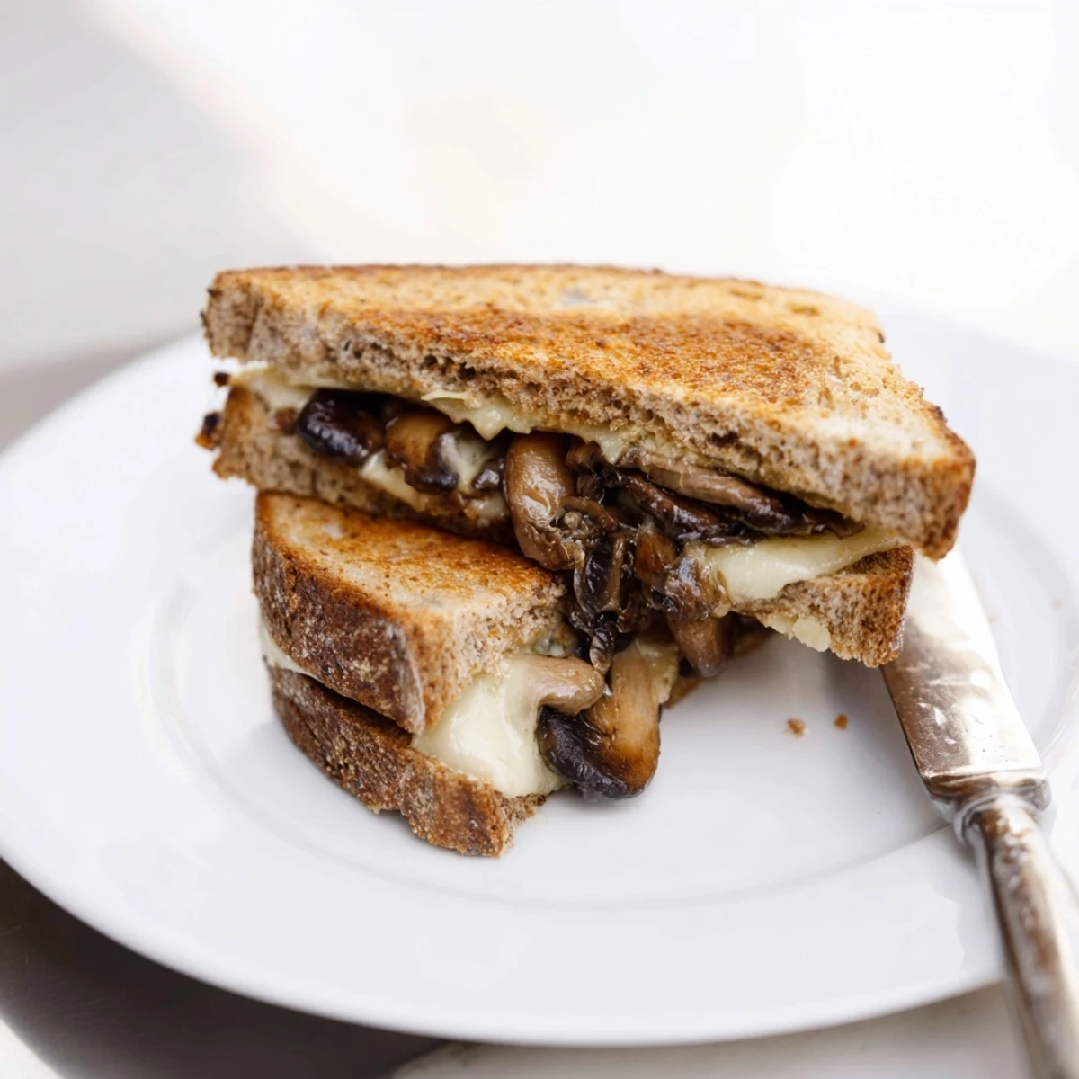Golden, melted Swiss cheese and sautéed earthy mushrooms peek out from between crispy, buttery slices of rye bread.