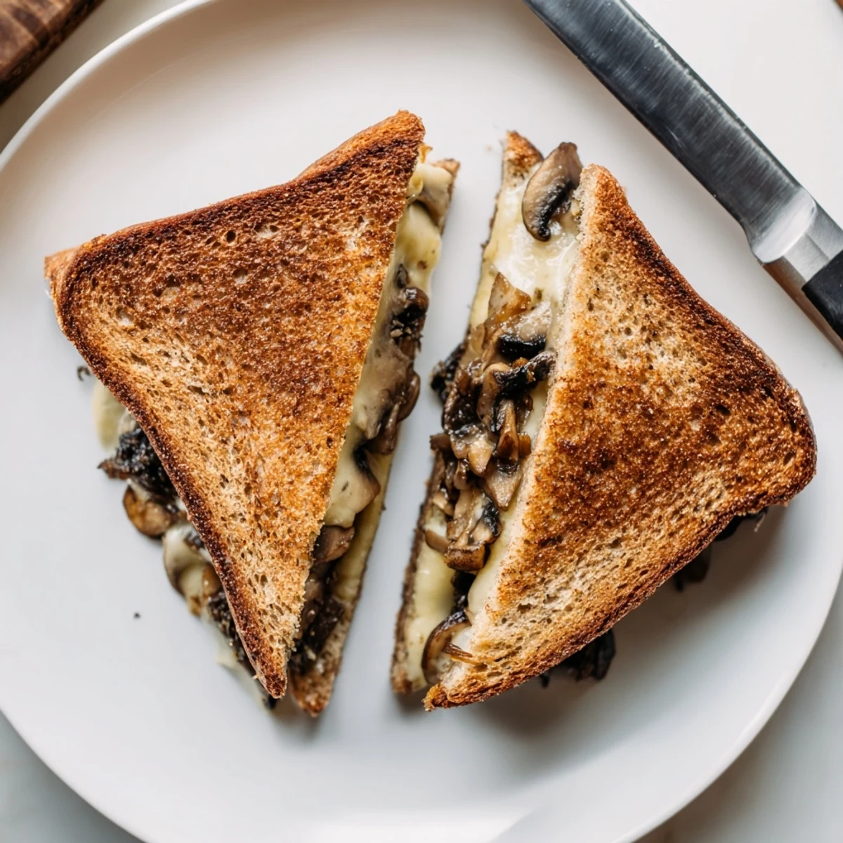 Homemade Mushroom Swiss Grilled Cheese on rye, served warm with a golden, crispy crust.