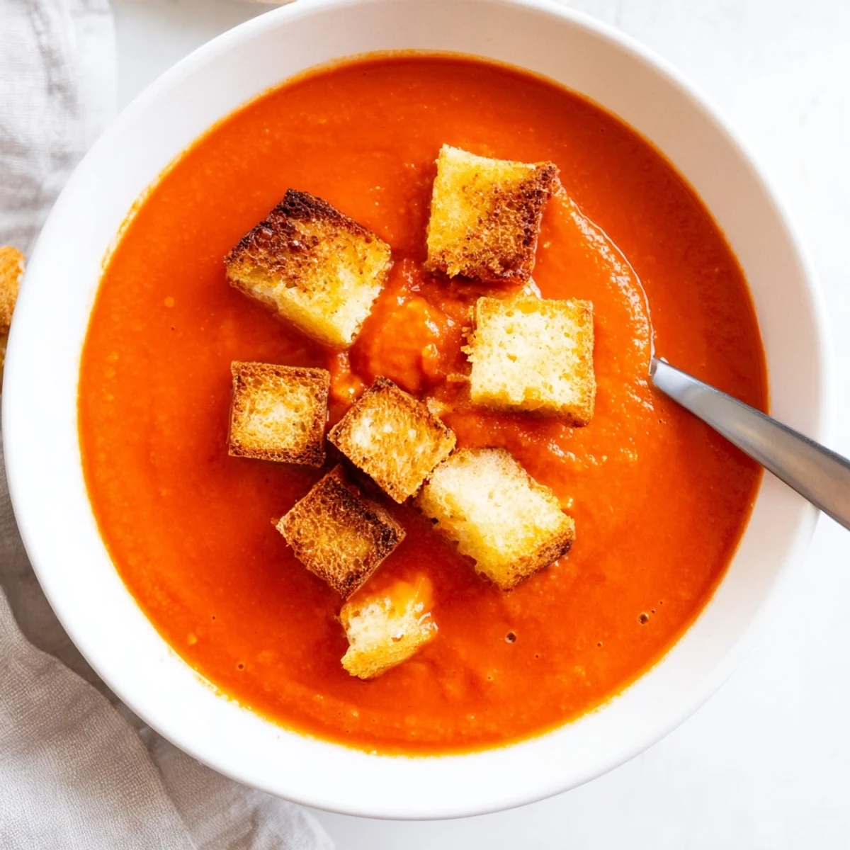 Hearty roasted tomato soup garnished with crispy grilled cheese croutons, ready to enjoy with a fresh garden salad.
