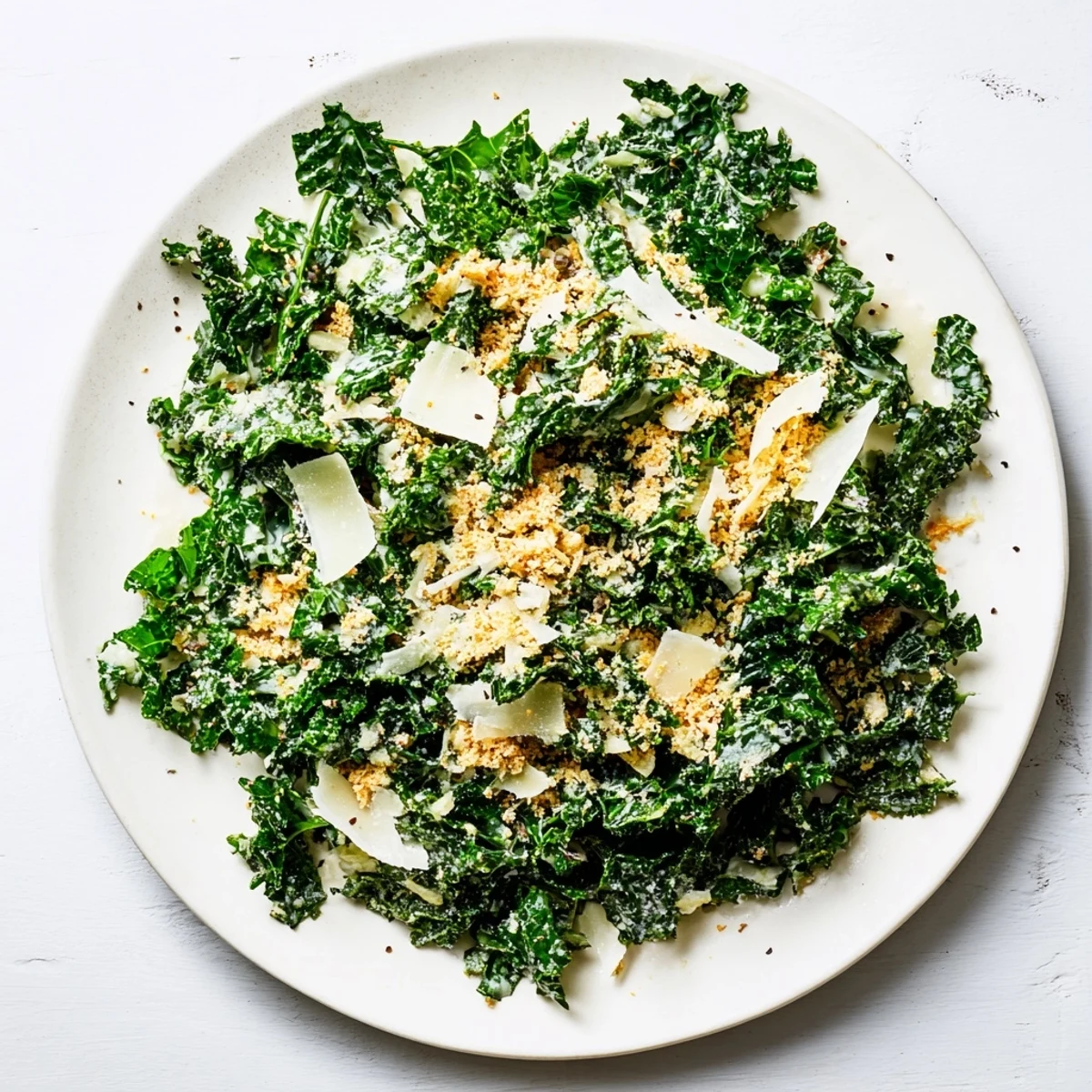 Vibrant massaged kale tossed in a creamy garlic-Parmesan dressing, topped with golden toasted breadcrumbs for a savory, crunchy finish.  
