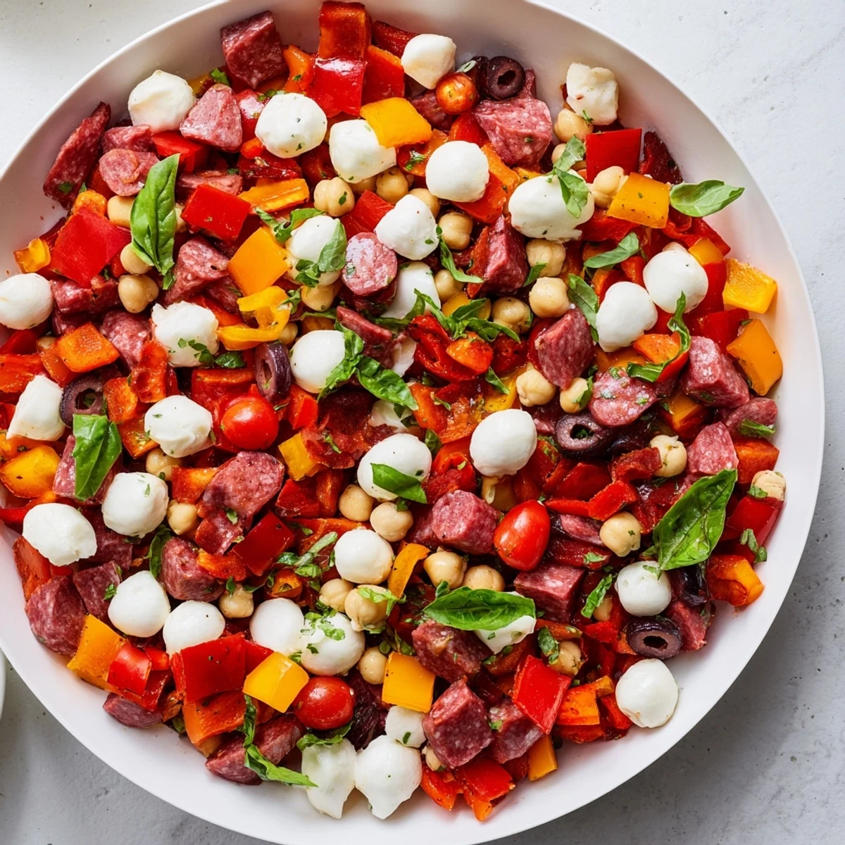 Freshly made Crunchy Antipasto Chopped Salad with salami, mozzarella pearls, and vibrant chopped vegetables in a zesty dressing.