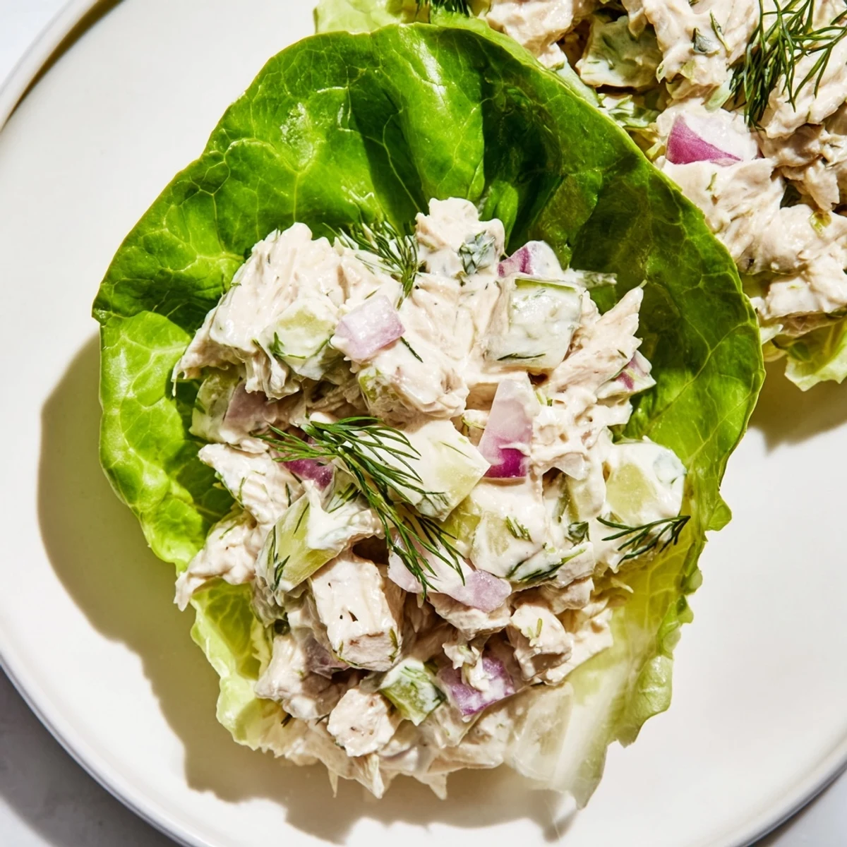 A close-up view of Dill Pickle Chicken Salad Lettuce Cups, showcasing the creamy chicken mixture studded with bright green dill pickles nestled in crisp, pale green butter lettuce leaves.