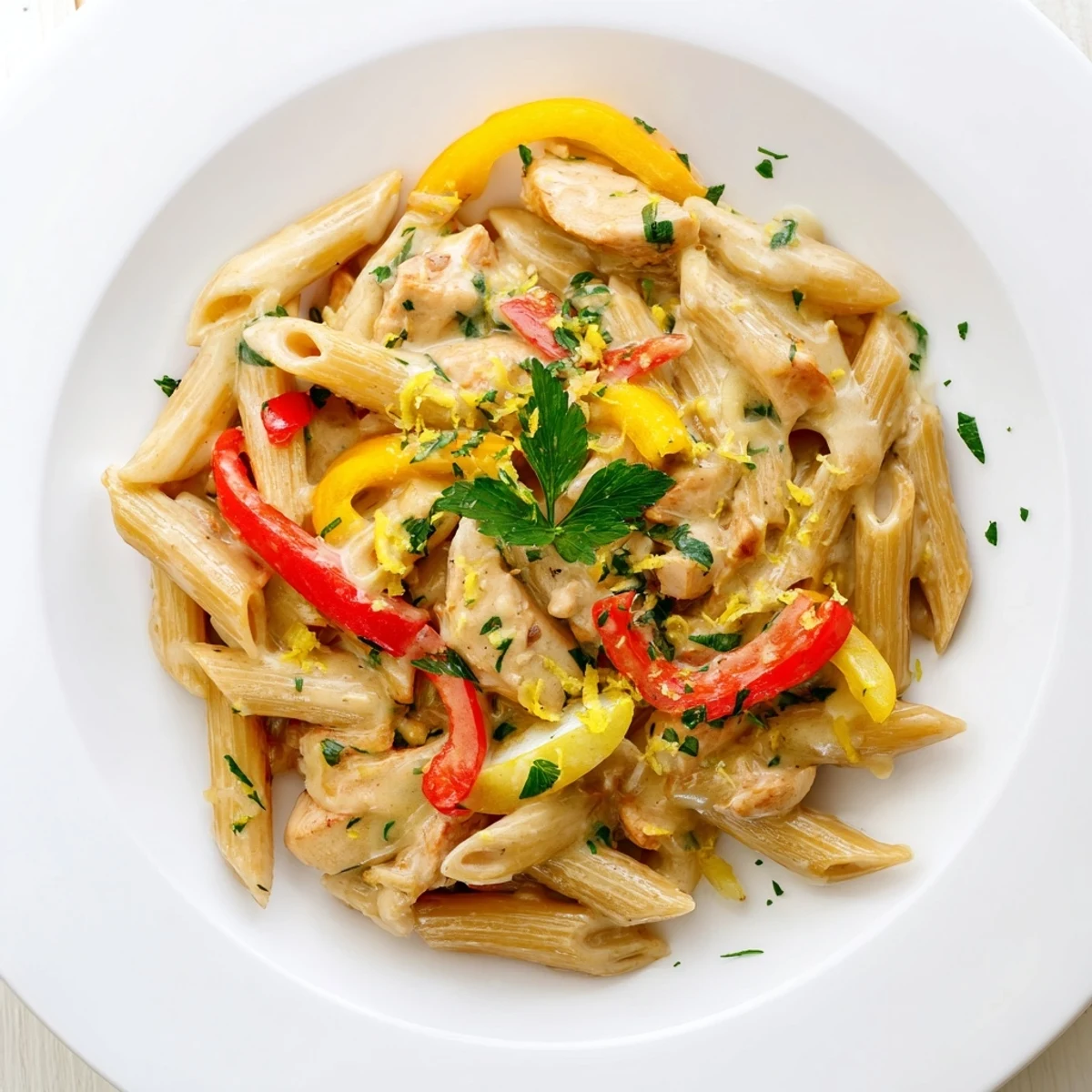 Creamy Cajun Chicken Pasta Lite features golden chicken strips and whole wheat penne coated in a light, spicy cream sauce with vibrant bell peppers and onions.  