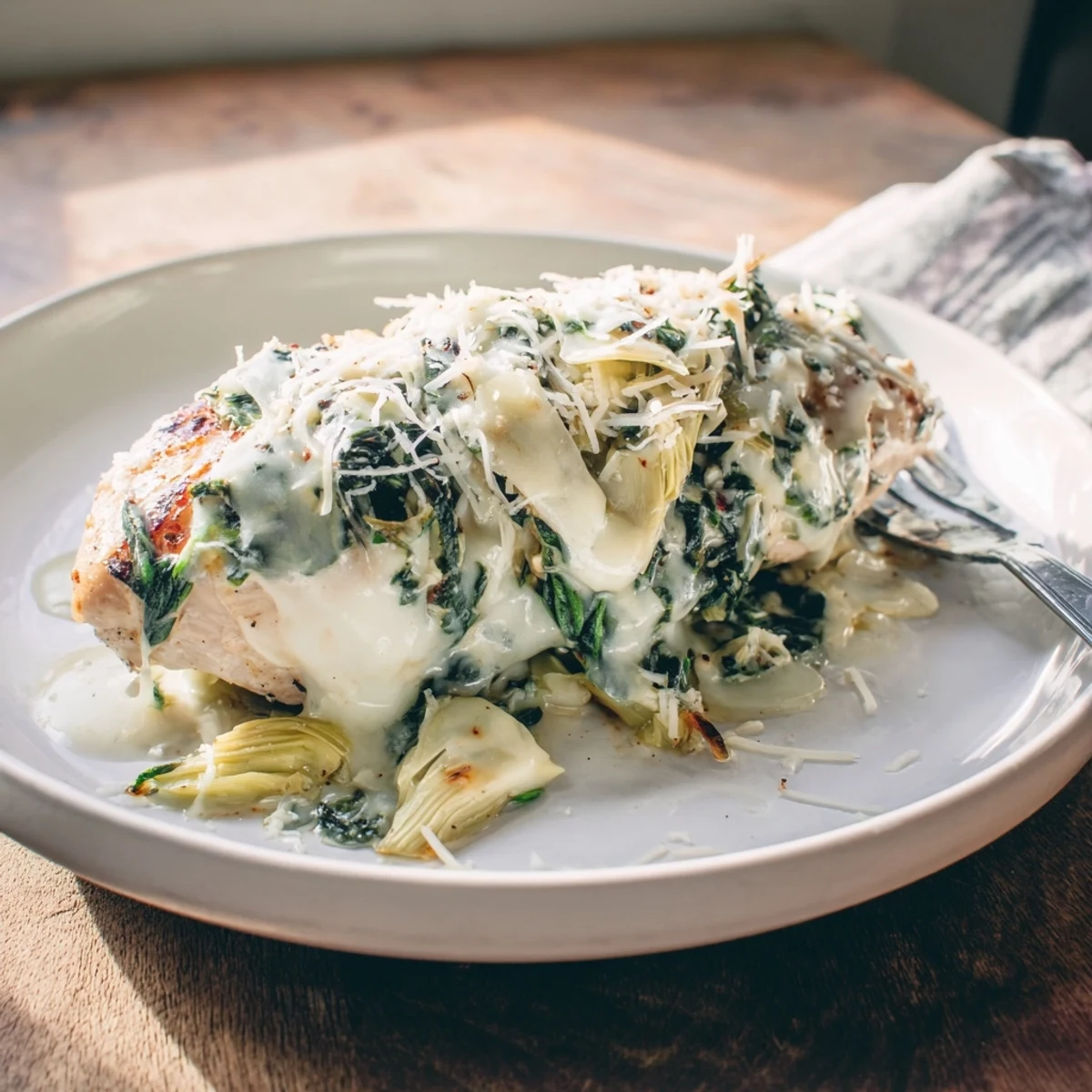 Creamy spinach and artichoke topping on juicy baked chicken breasts, garnished with fresh herbs and ready to serve for a comforting family dinner.