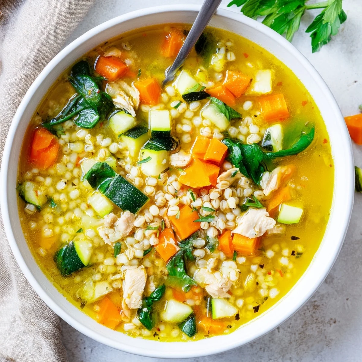 A comforting bowl of Soothing Turmeric Chicken With Pearl Barley, garnished with fresh parsley, sits ready to serve.