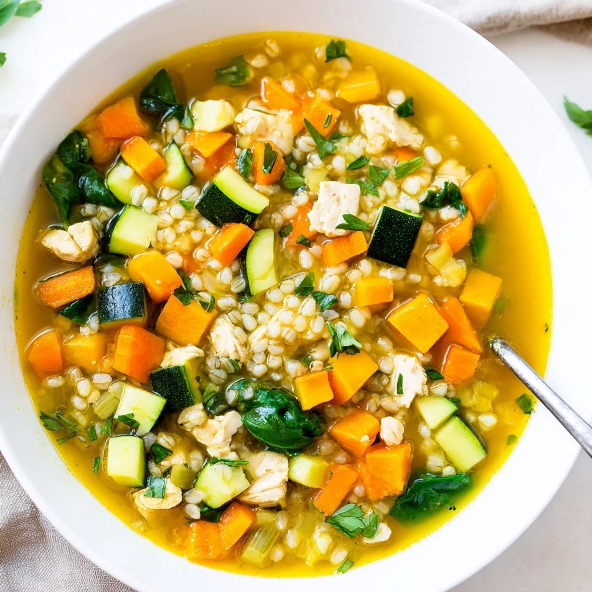 Golden, creamy broth of Soothing Turmeric Chicken With Pearl Barley is ladled into a rustic ceramic bowl.