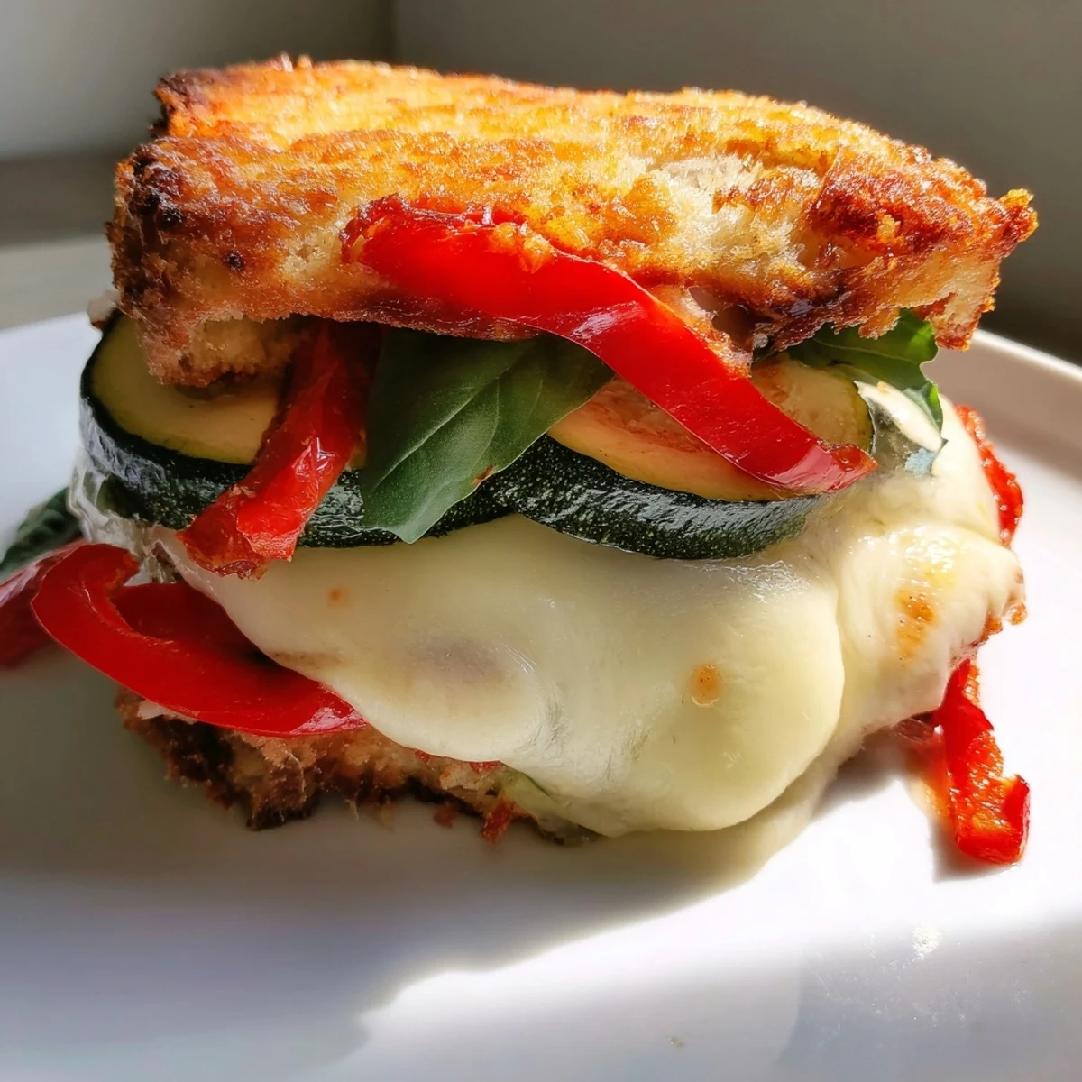 Golden, crispy sourdough bread slices are loaded with roasted zucchini and bell peppers, fresh mozzarella, ripe tomatoes, and basil for a vibrant Roasted Veggie Caprese Grilled Cheese.