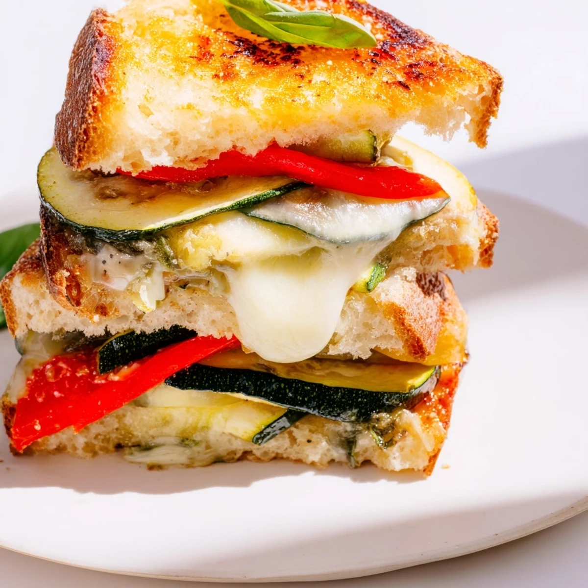 A close-up view shows melted mozzarella oozing from the toasted sandwich, featuring colorful roasted vegetables and a drizzle of balsamic glaze.