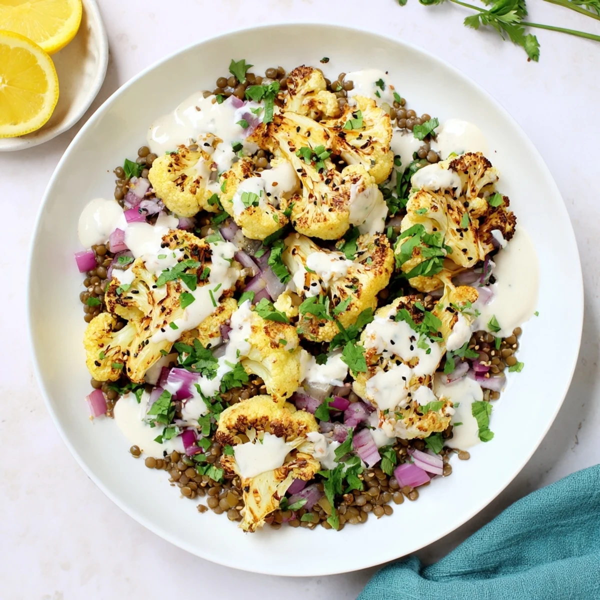 Tender roasted cauliflower sits on a bed of herby lemon lentils, finished with a smooth tahini yogurt sauce, toasted sesame seeds, and bright lemon wedges.  