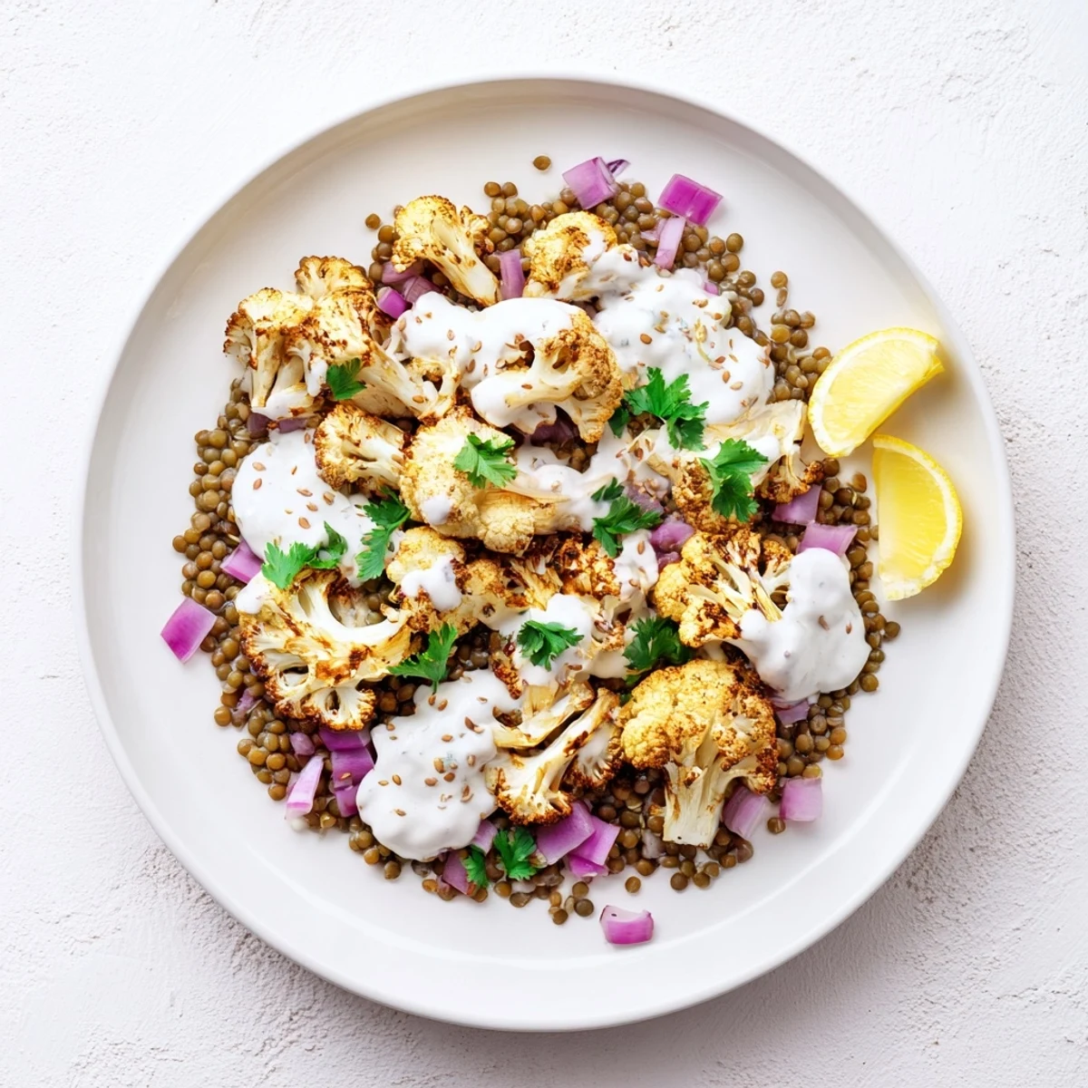 Middle Eastern-inspired roasted cauliflower, vibrant lemon lentils, and a garlicky cumin tahini yogurt sauce create a colorful, gluten-free vegetarian meal perfect for a healthy dinner.
