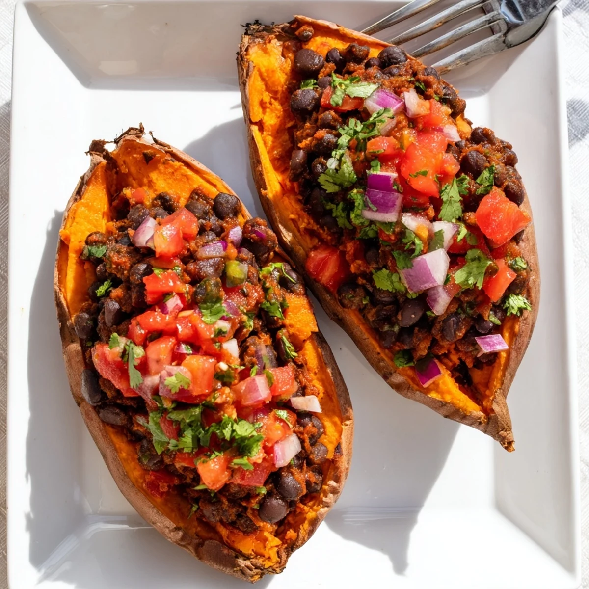 Roasted sweet potatoes with chipotle black beans and zesty tomato salsa garnished with avocado and cilantro.  