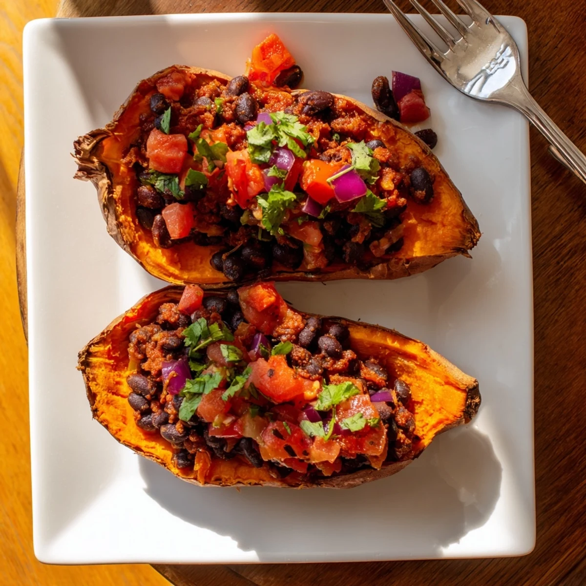 A warm plate of roasted sweet potatoes topped with smoky chipotle black beans and fresh tomato salsa.  