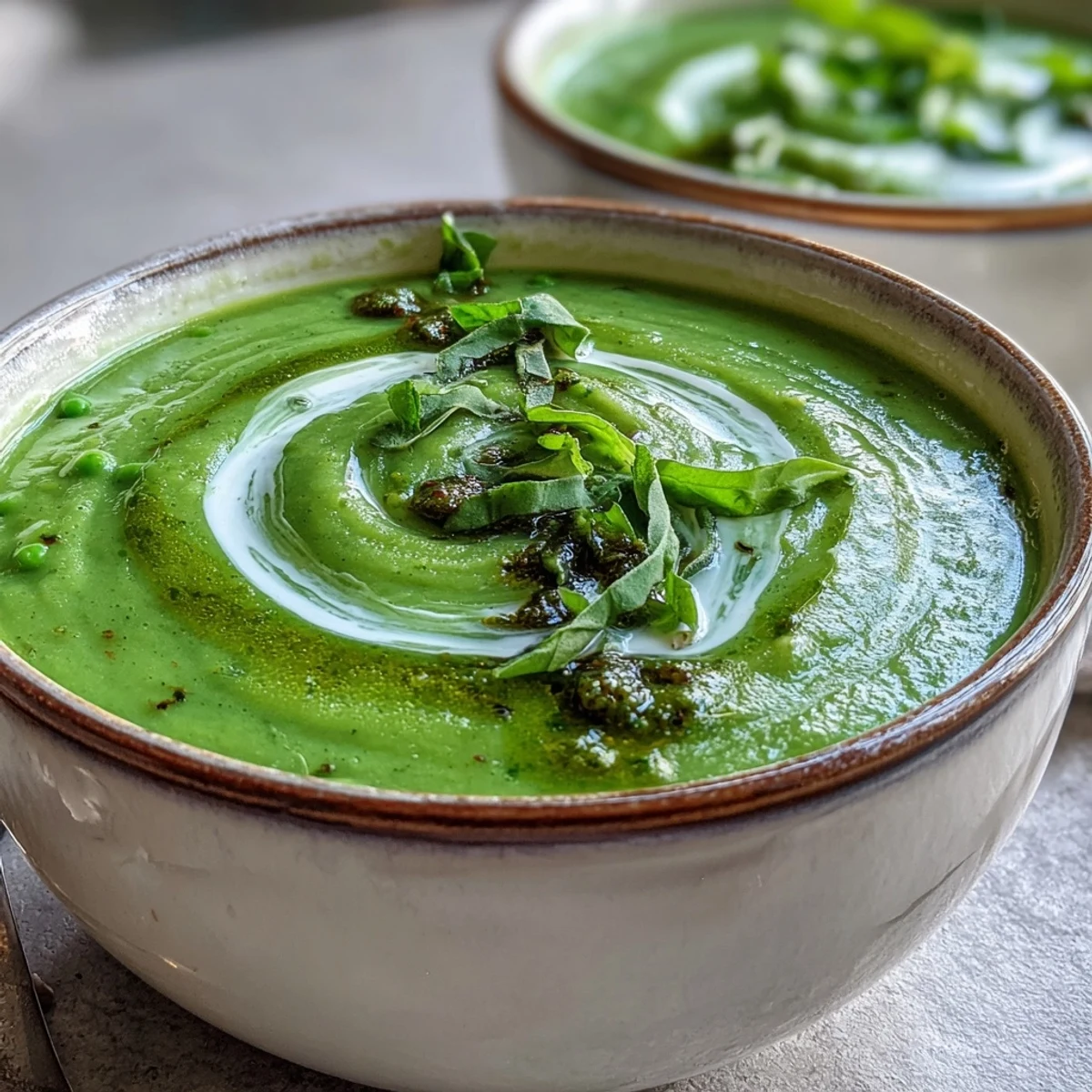 Enjoy this easy courgette, pea and pesto soup, perfect for spring lunches.