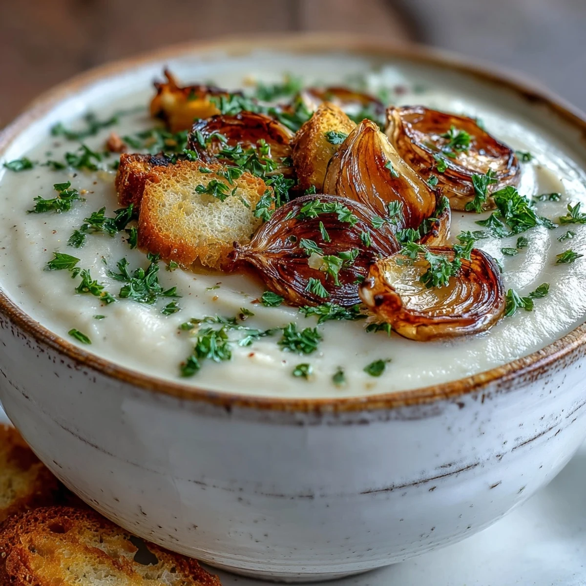 Creamy roasted garlic soup garnished with olive oil drizzle beside crusty bread on a wooden table.
