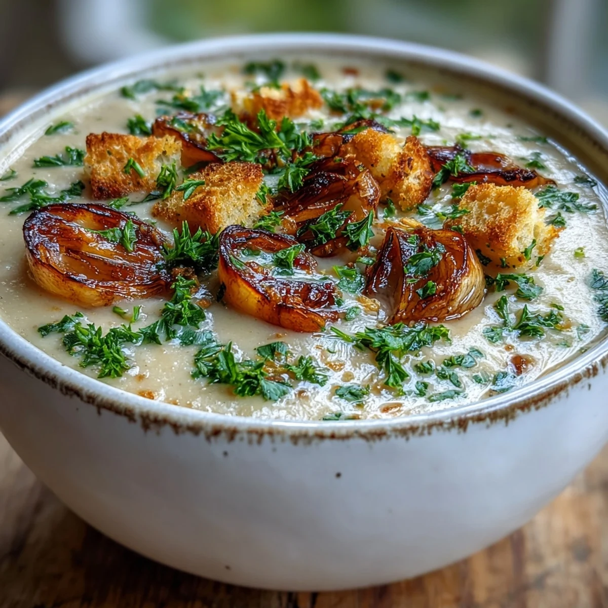 Velvety roasted garlic soup served hot with parsley and gluten-free croutons in a cozy setting.
