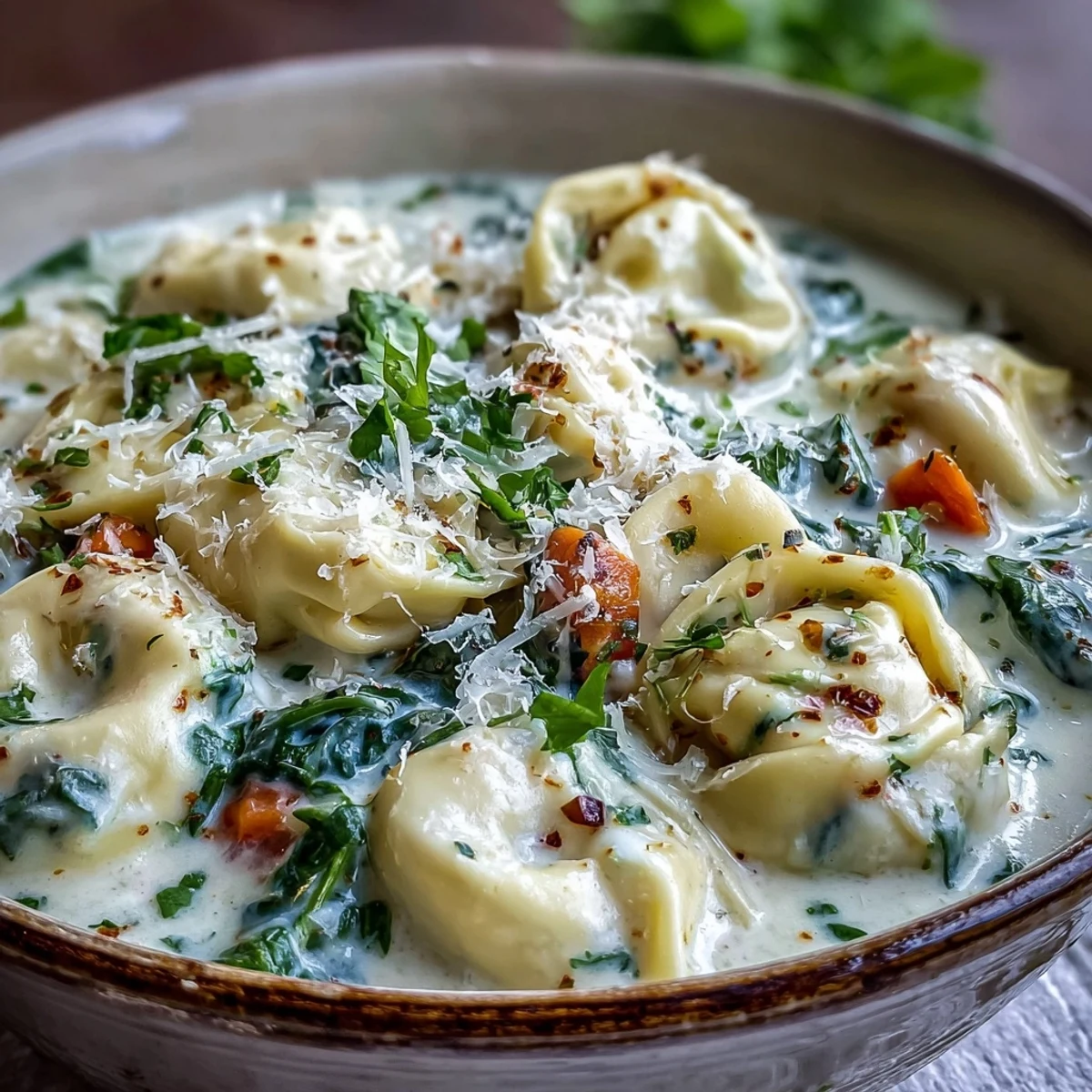 Creamy Easy Tortellini Soup With Chicken Broth steaming in a bowl with melted Parmesan and fresh parsley garnish.