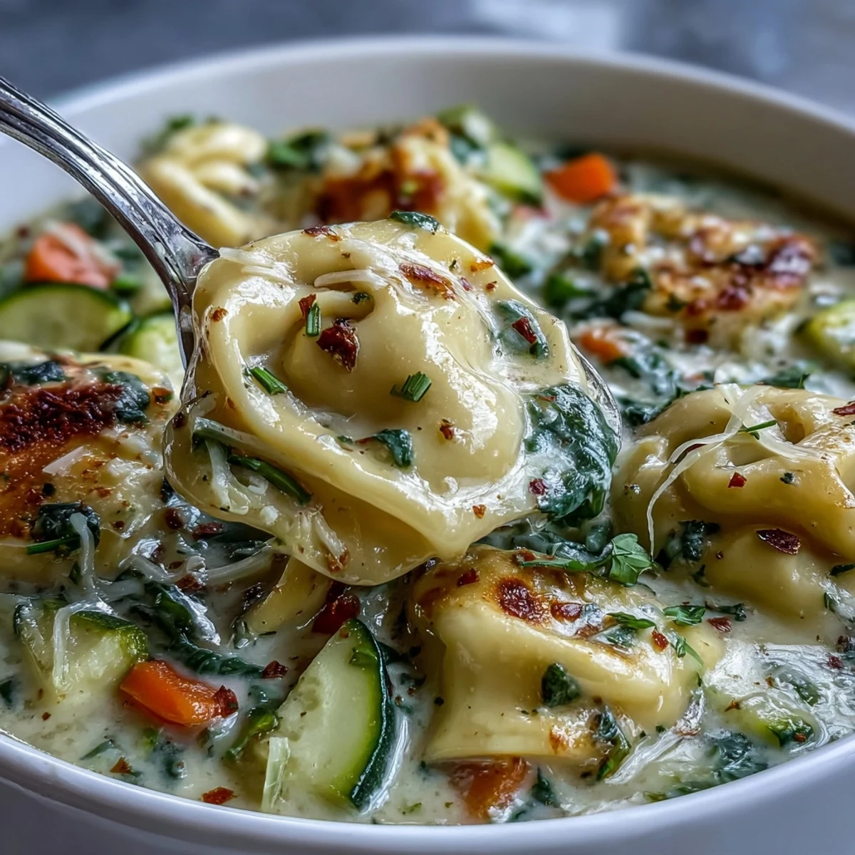Creamy Vegetable Tortellini Soup steams in a bowl with colorful zucchini, spinach, and cheesy tortellini, garnished with fresh basil and grated Parmesan.