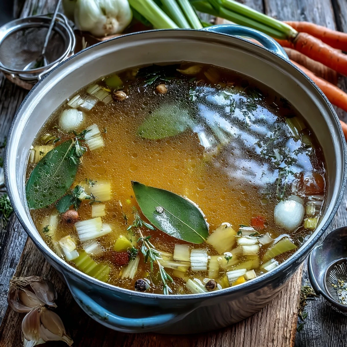 Homemade Vegetable Broth From Scraps simmering in a pot with aromatics, ready to be sipped or used in soups.