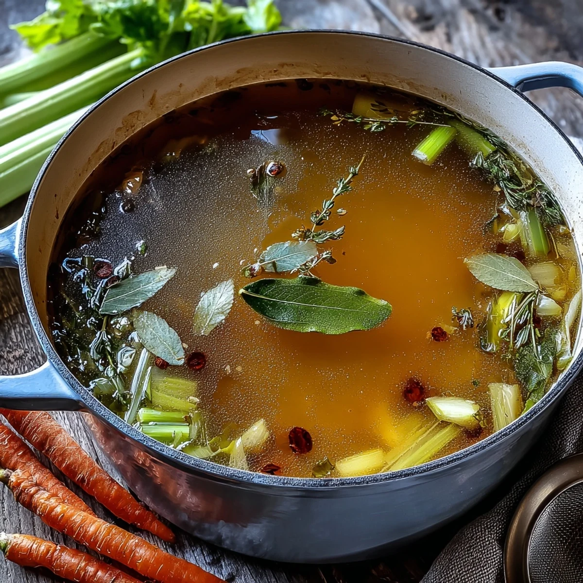 Steaming ladle of Vegetable Broth From Scraps held over a pot, with vegetable trimmings nearby for a rustic kitchen vibe.