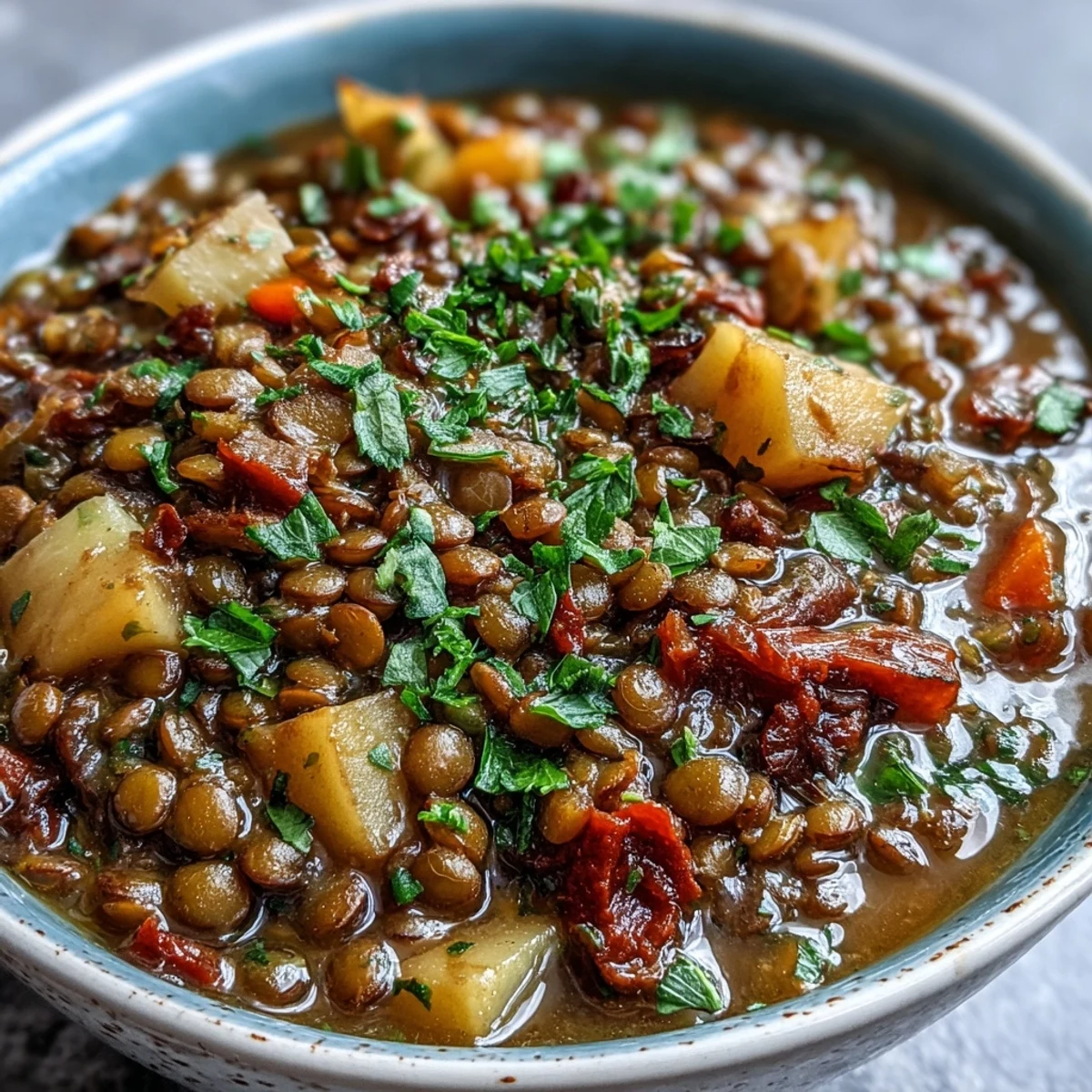 Vegetarian Lentil Stew simmering in a rustic pot, garnished with fresh parsley and a lemon wedge next to crusty bread.