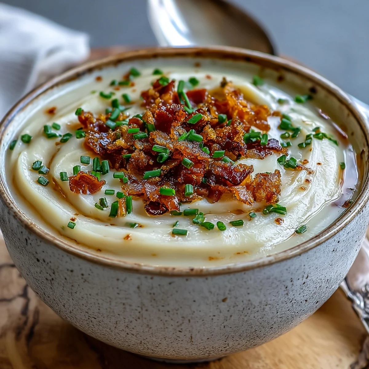 A top-down view of Creamy Celeriac Soup with Crispy Bacon, featuring golden bacon crumbles over a velvety white soup.