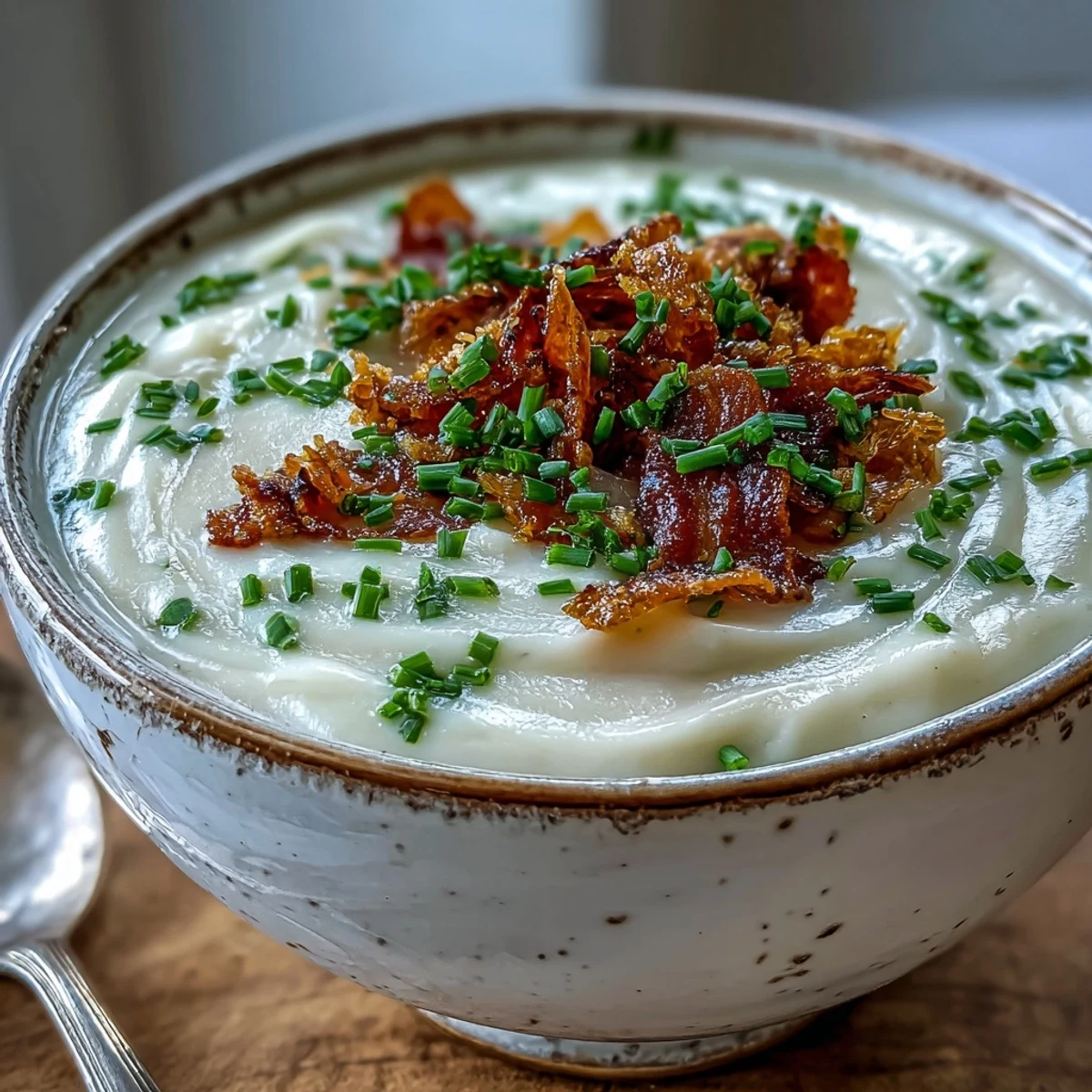 Creamy Celeriac Soup with Crispy Bacon ladled into a rustic bowl, garnished with chopped chives and rich cream swirls.