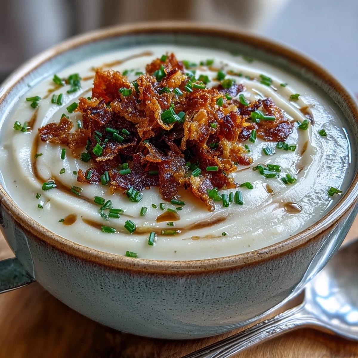 Close-up of Creamy Celeriac Soup with Crispy Bacon, steam rising from the bowl next to crusty artisan bread slices.