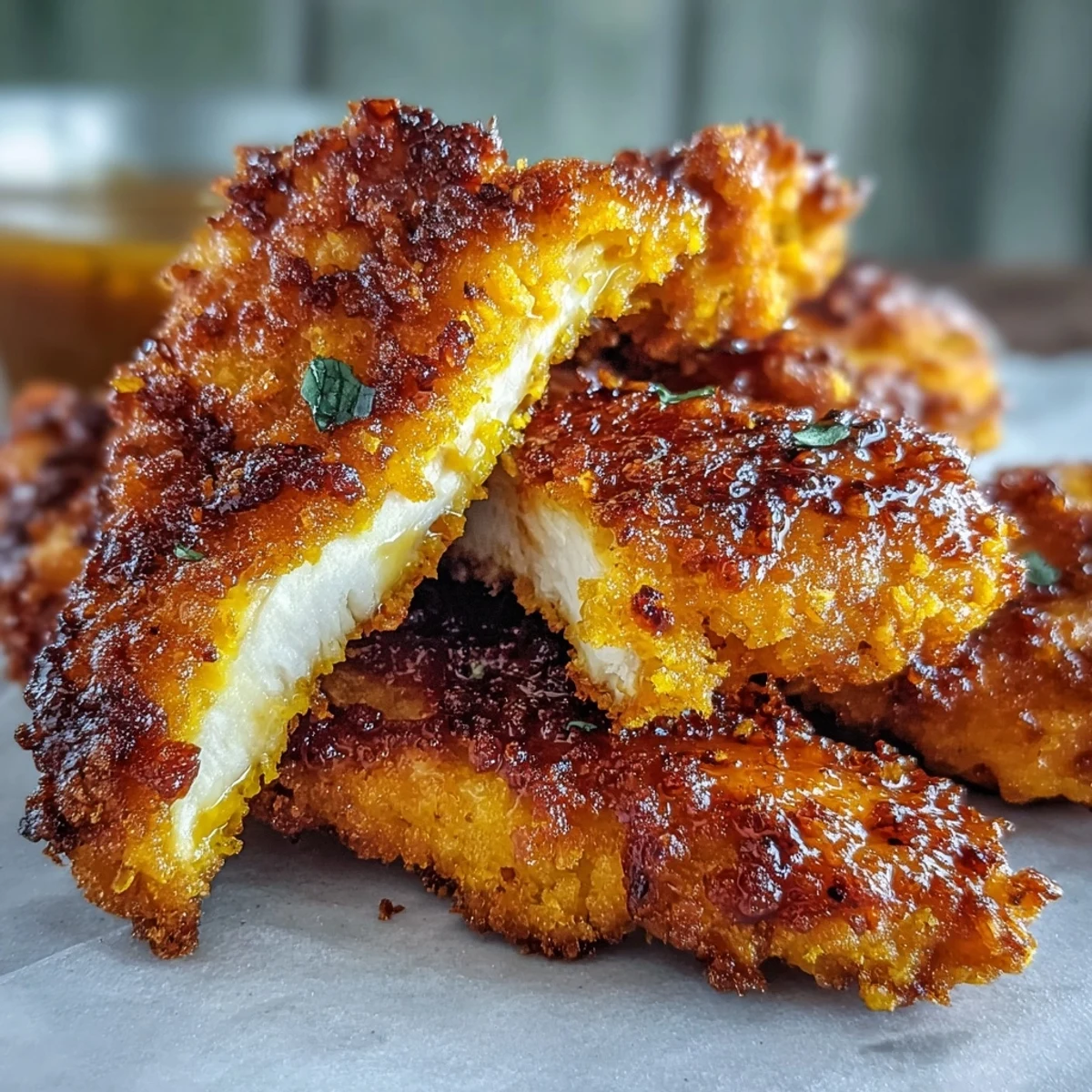 Crispy Turmeric Chicken Tenders served with creamy dip and fresh lemon wedges.