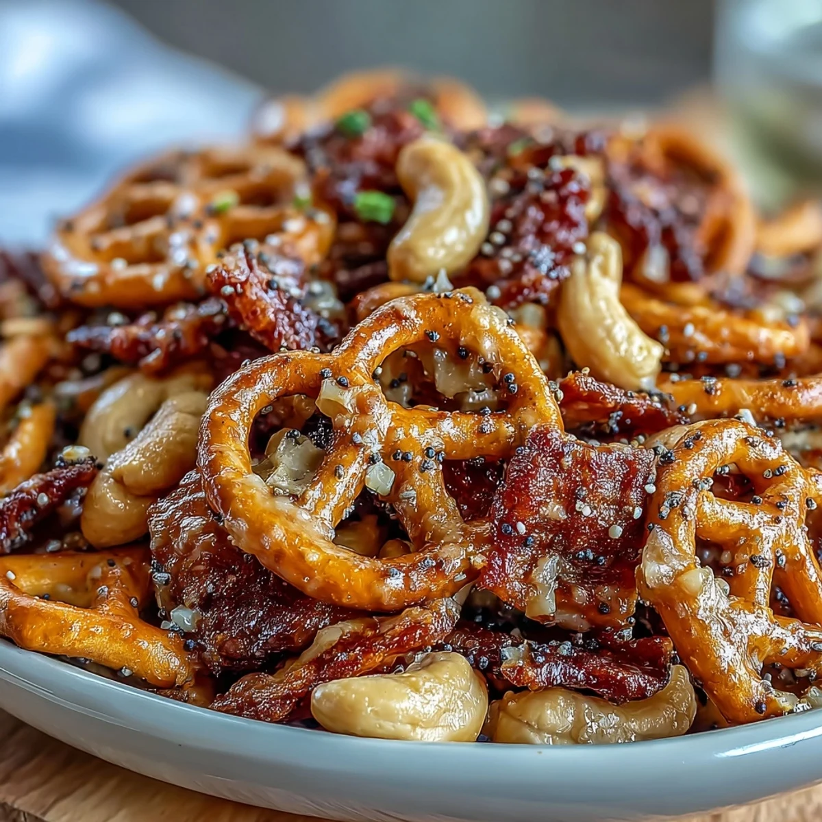 Golden brown Everything Ranch Cheese and Pretzel Snack Mix in a rustic bowl, featuring pretzels, crackers, and cashews.