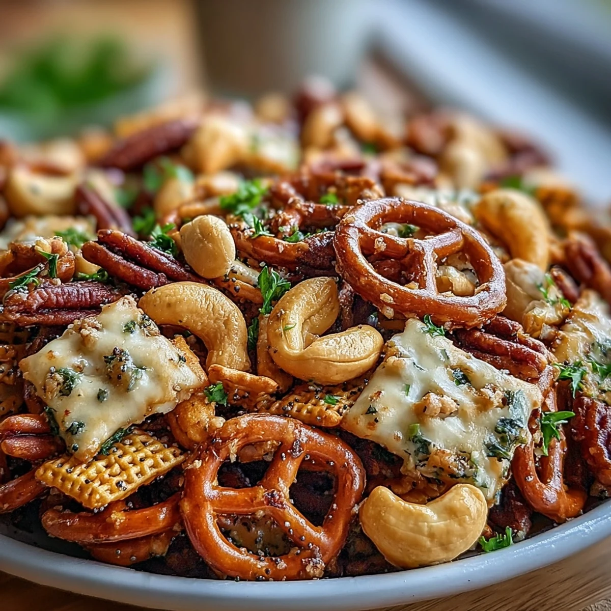 A generous serving of Everything Ranch Cheese and Pretzel Snack Mix ready for a party, garnished with fresh herbs.