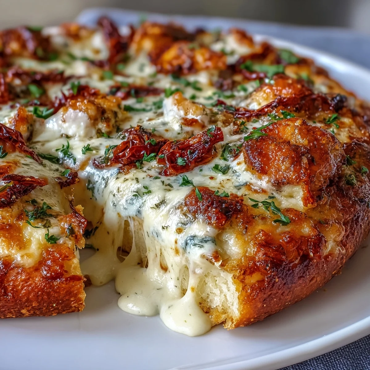 Slices of Marry Me Chicken Pizza show creamy chicken and sun-dried tomatoes on a golden, crispy crust, topped with fresh basil.  