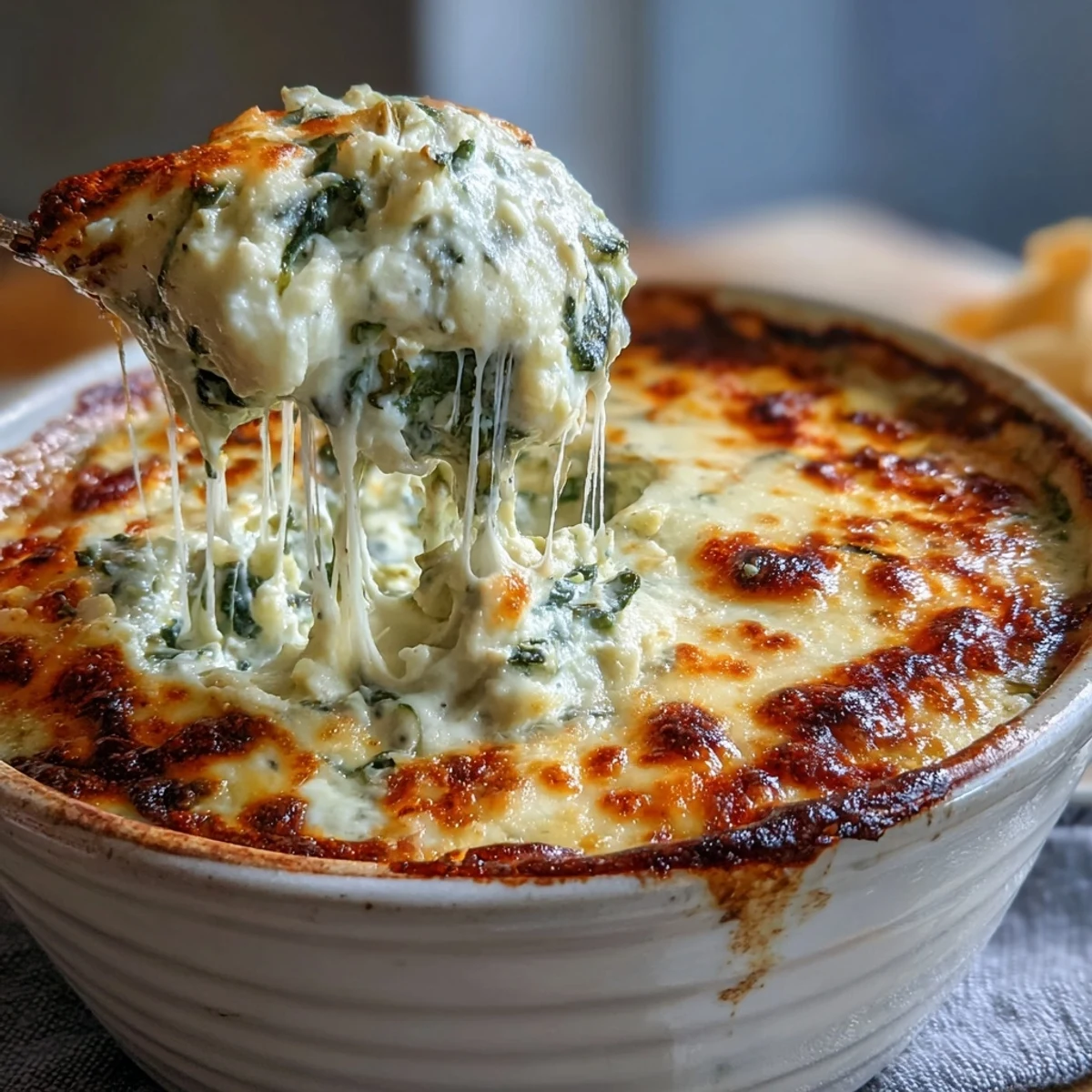 Creamy Spinach Artichoke Dip with melted mozzarella and Parmesan, garnished with chopped spinach and artichoke hearts for a party-ready appetizer.