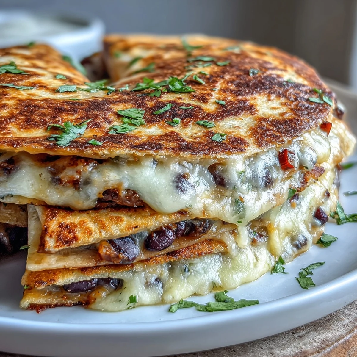 Freshly baked Blooming Quesadilla Ring with melted cheddar and Monterey Jack, garnished with cilantro and lime wedges on a rustic board.