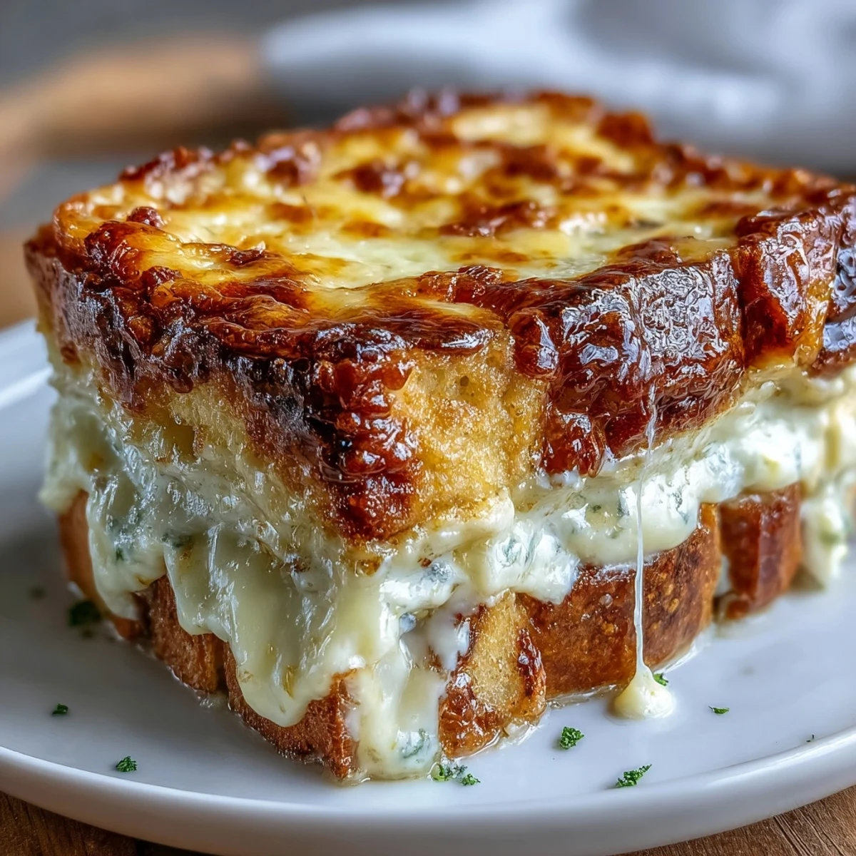 A slice of savory Croque Monsieur Casserole being lifted, showing melted cheese and tender bread on a rustic plate.