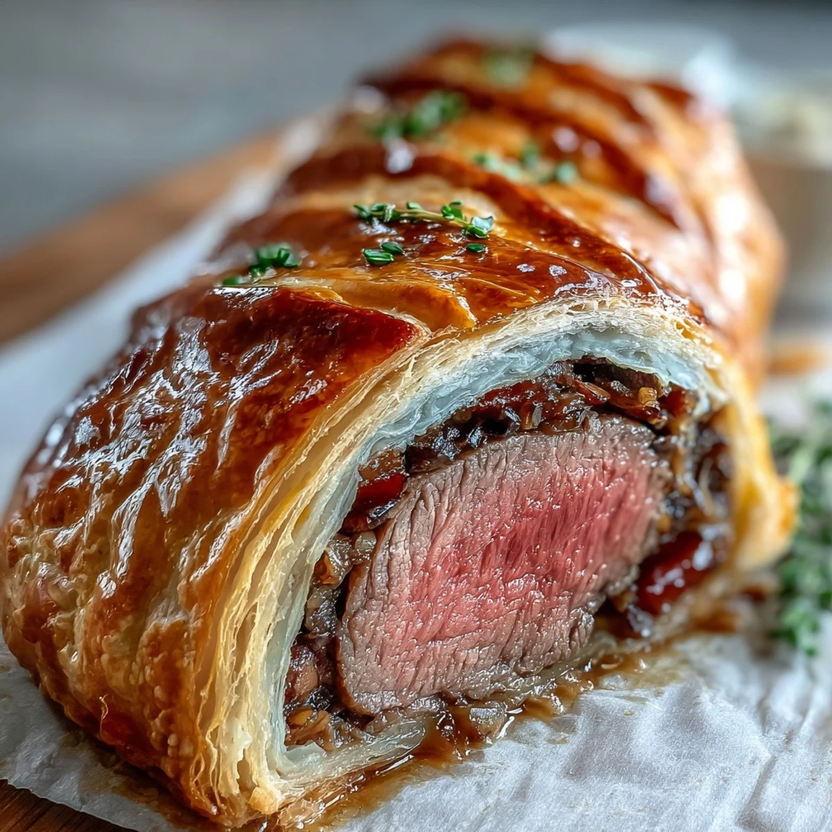 Golden, flaky puff pastry encases tender beef fillet coated in savory mushroom duxelles, sliced to reveal a perfect medium-rare center.  