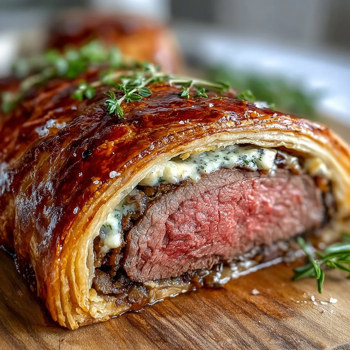 A classic Beef Wellington plated with roasted potatoes and a drizzle of rich red wine sauce, ideal for a festive holiday dinner.  