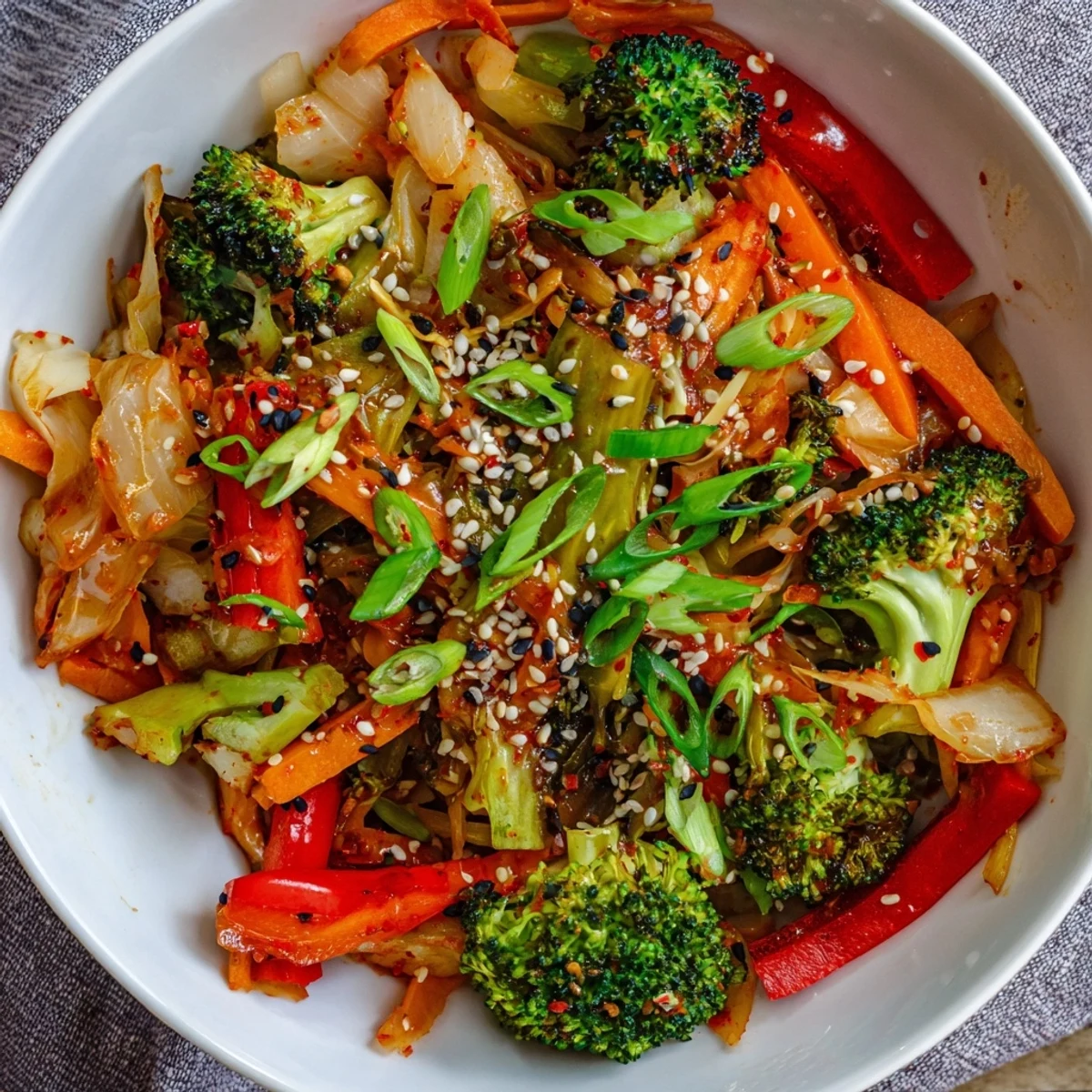 Bright orange sweet potato and crisp broccoli fill the wok, tossed with probiotic-rich kimchi in this Comforting Fermented Veggie Winter Stir-Fry, ready to serve hot.  