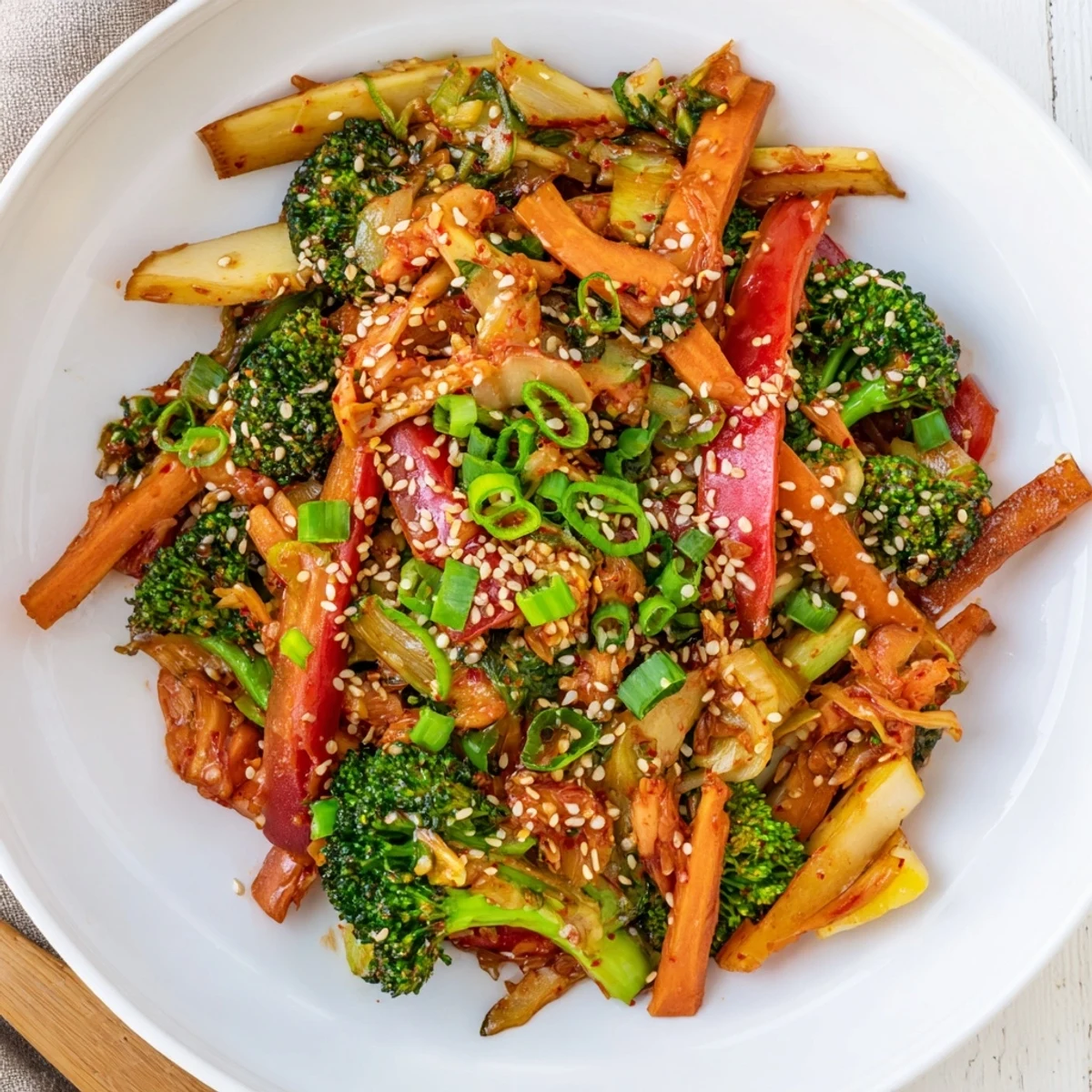 A close-up of the sizzling Comforting Fermented Veggie Winter Stir-Fry reveals colorful carrots, parsnip, and cabbage mingling with tangy kimchi and sesame seeds.  