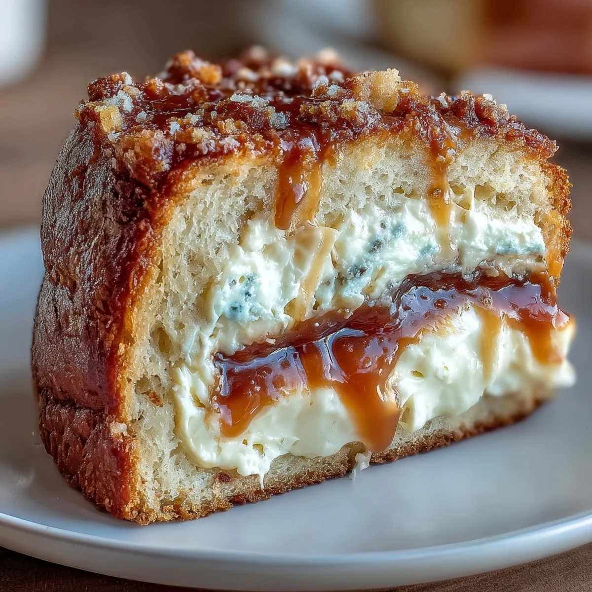 Freshly baked Caramel Cream Cheese Bread on a cooling rack, showing a moist crumb with a visible caramel swirl and creamy center.