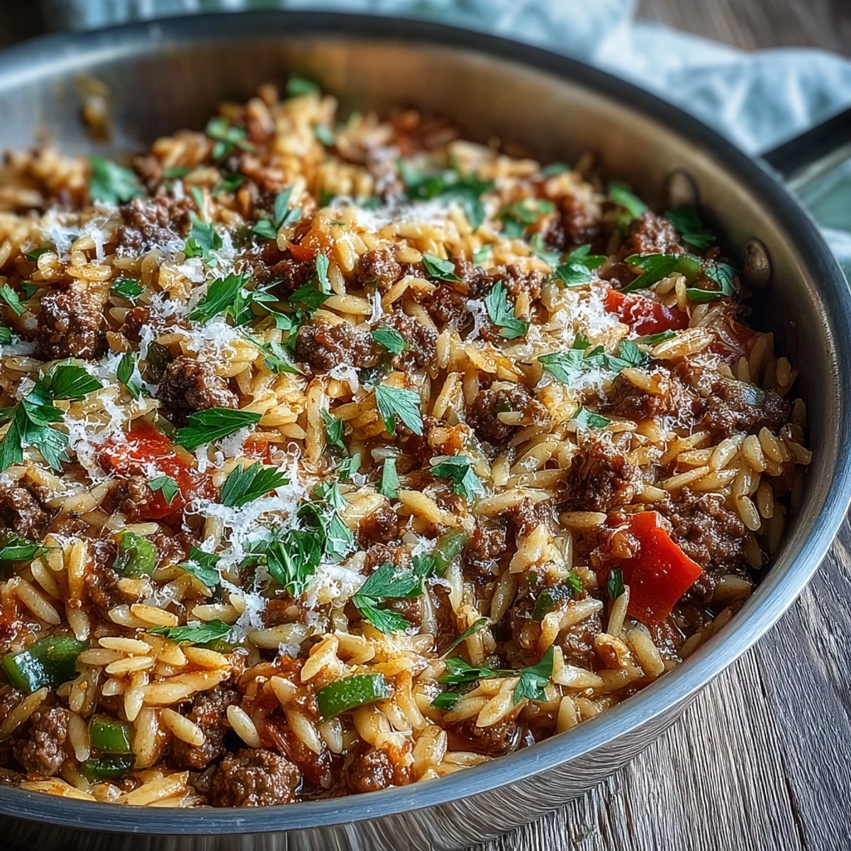 Top-down view of a skillet of ground beef orzo, ready to serve with garlic bread and a simple green salad.