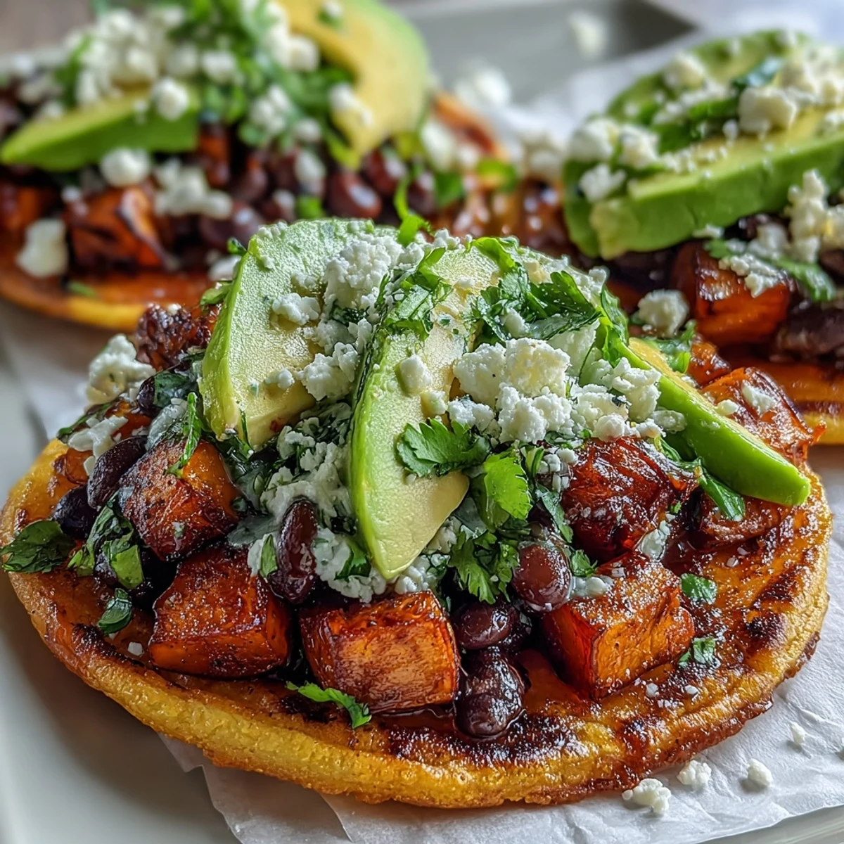Black Bean and Sweet Potato Tostadas are plated, showcasing crispy shells loaded with vibrant orange sweet potatoes and creamy avocado slices. 
