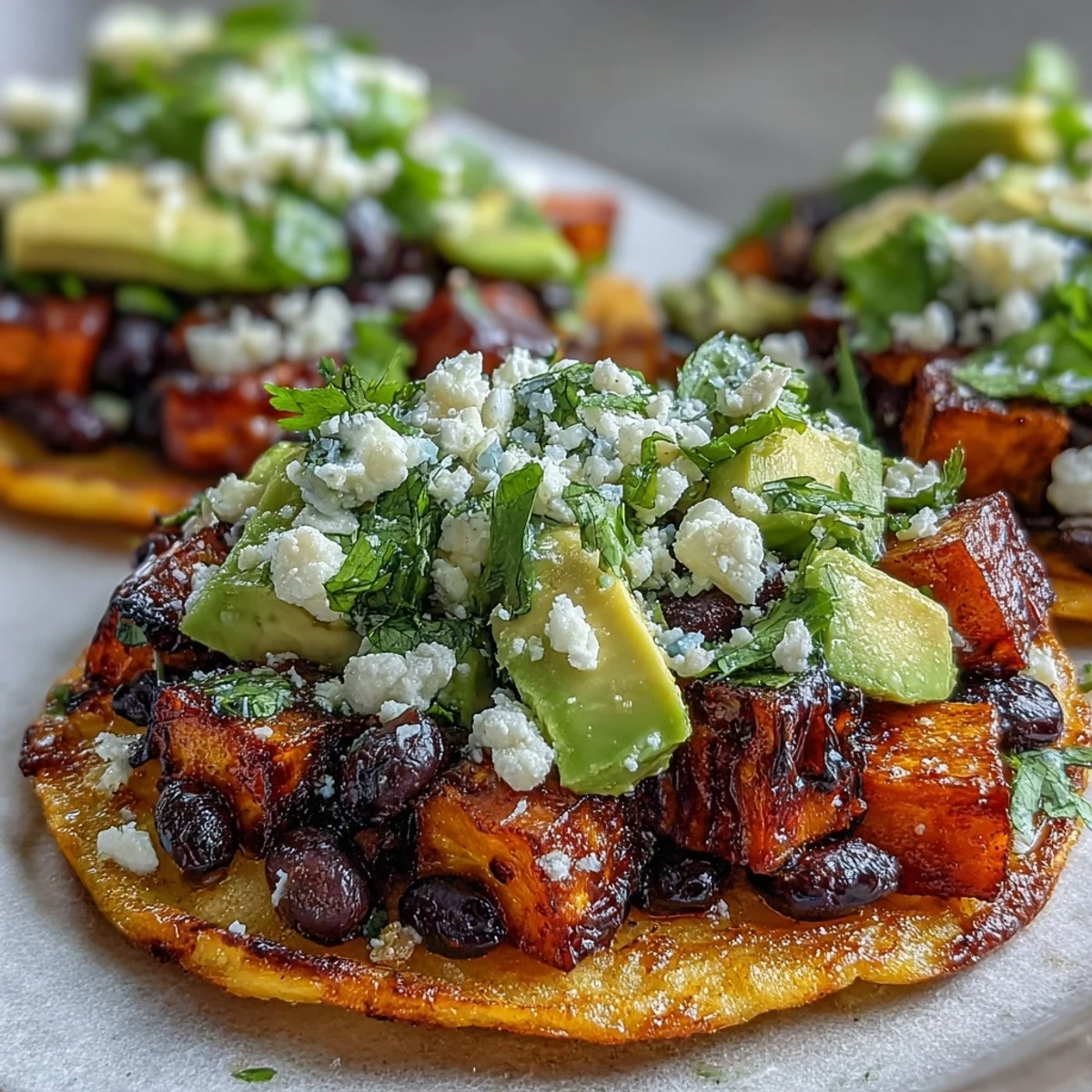 Close-up of Black Bean and Sweet Potato Tostadas featuring lime-dressed black beans, corn, and avocado on a rustic wooden table.