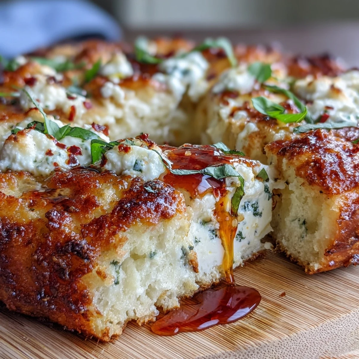 Golden-brown crust on Hot Honey Ricotta Pizza with bubbling mozzarella and fresh basil garnish.