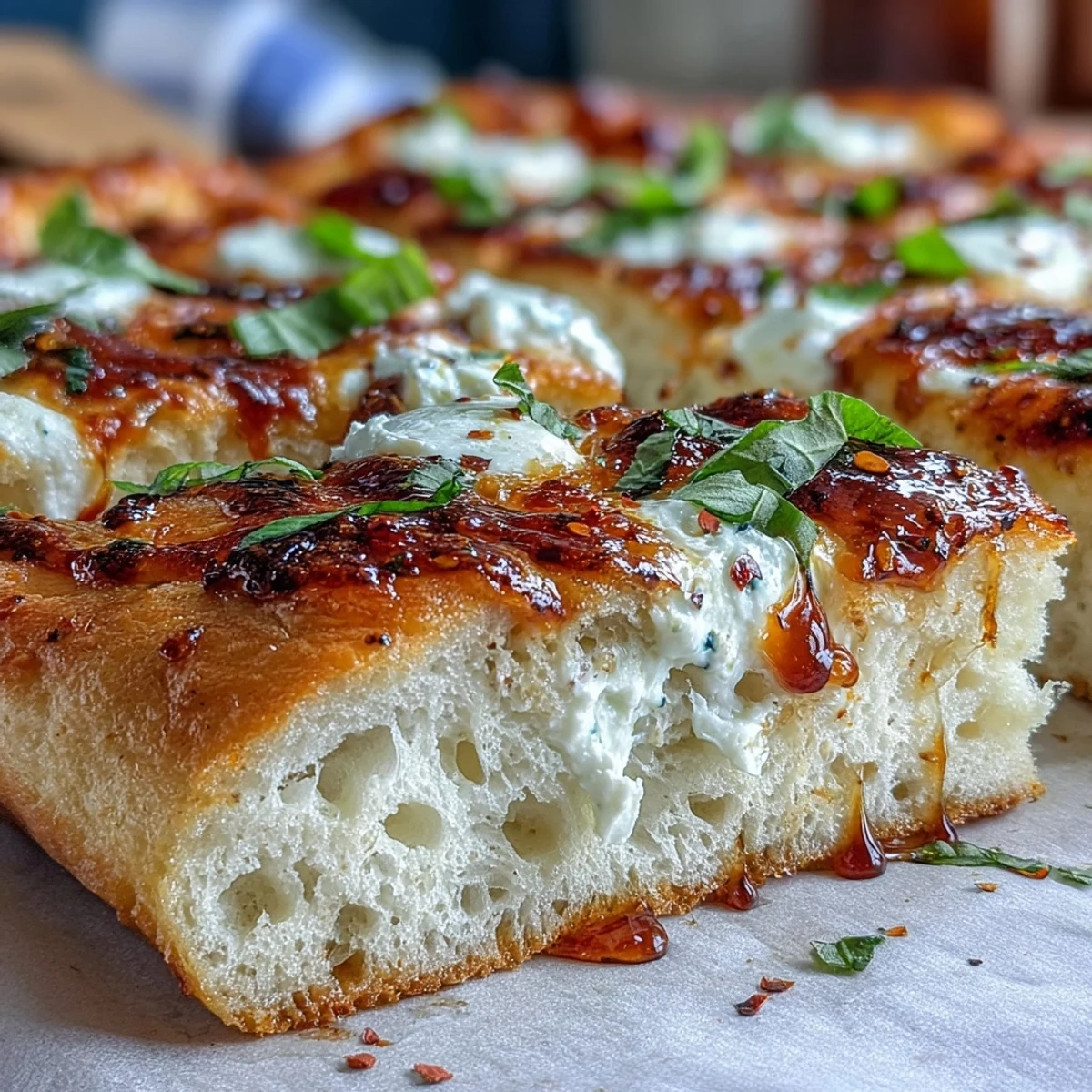Slices of Hot Honey Ricotta Pizza show creamy ricotta base and spicy honey drizzle.